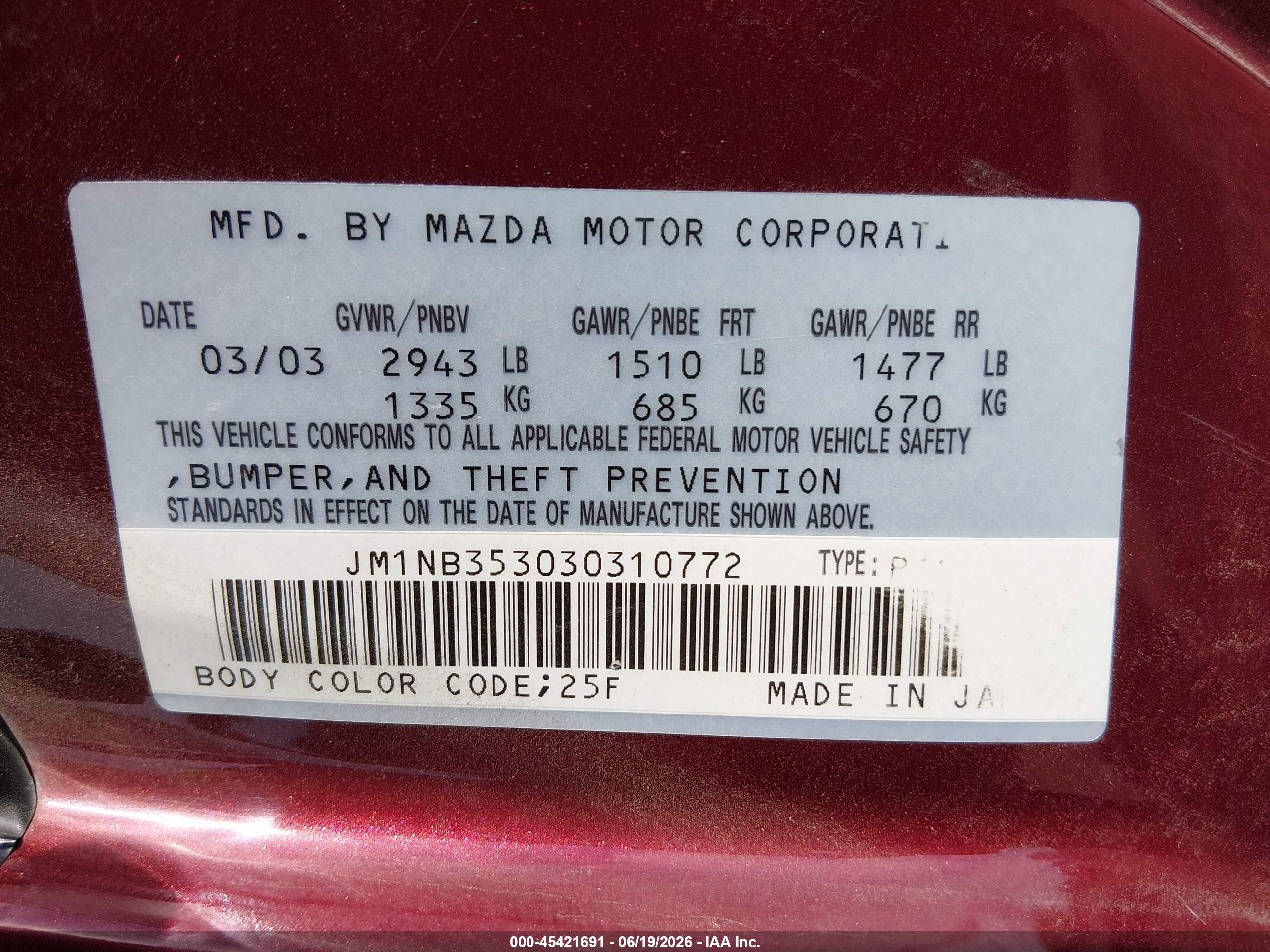 2003 Mazda Mx-5 Miata Cloth/ls/se/shinsen Red vin: JM1NB353030310772