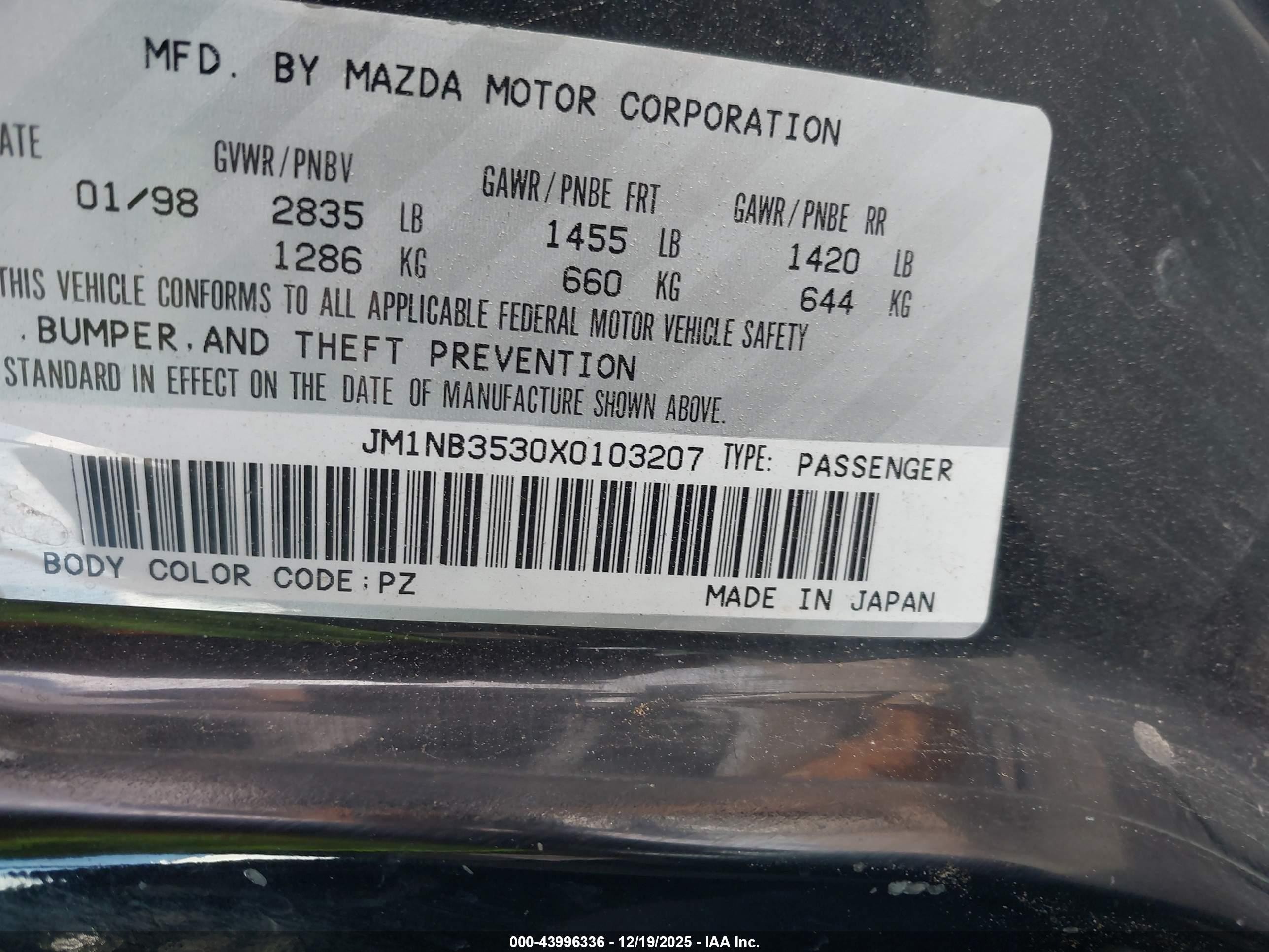 1999 Mazda Mx-5 Miata Leather Pkg/popular Equipment Pkg/sports Pkg/touring Pkg Black vin: JM1NB3530X0103207