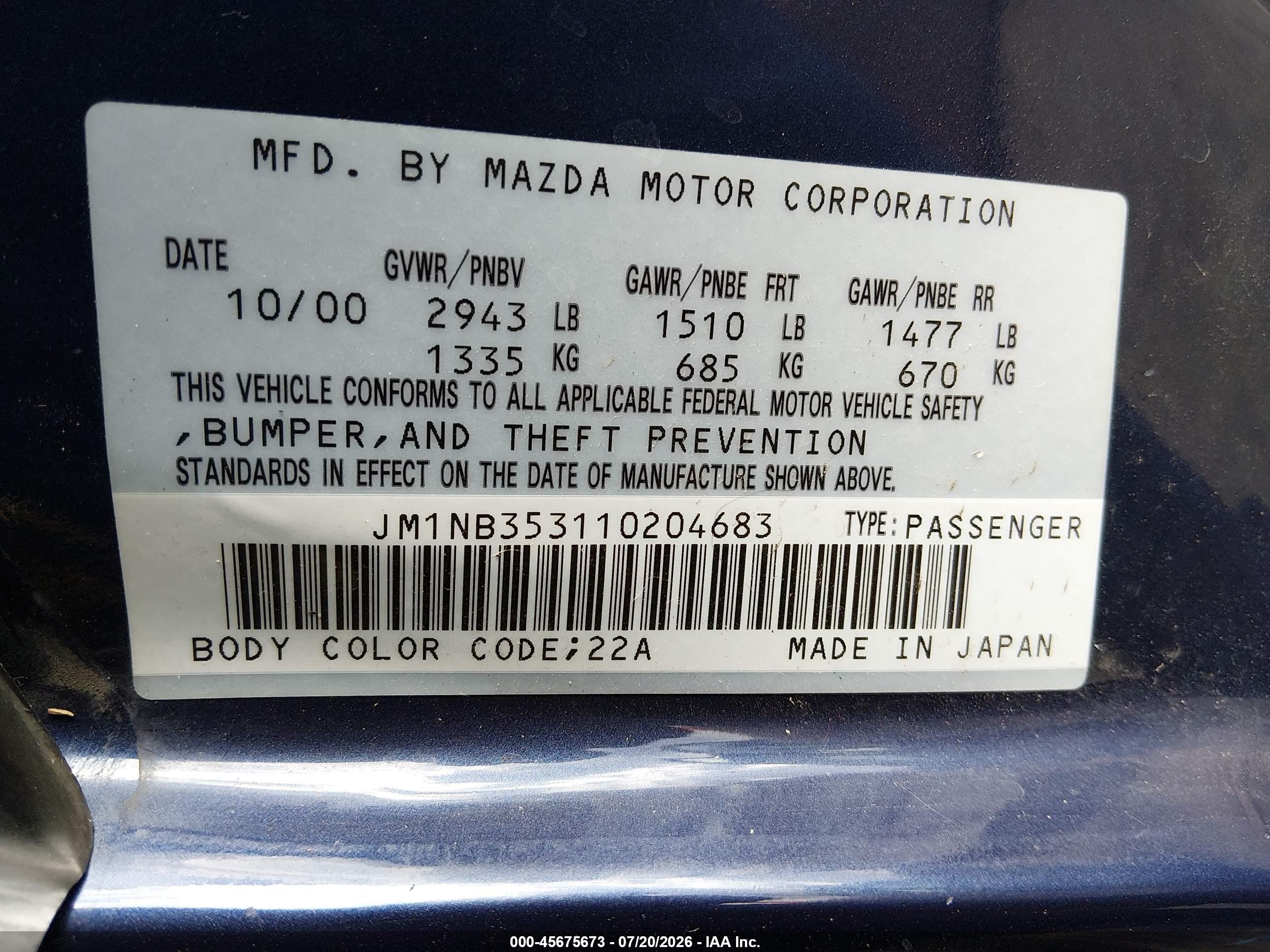2001 Mazda Mx-5 Miata Ls/special Edition Blue vin: JM1NB353110204683