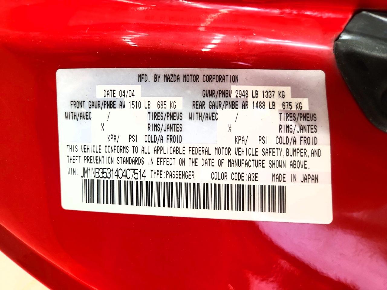 2004 Mazda Mx-5 Miata Base Red vin: JM1NB353140407514