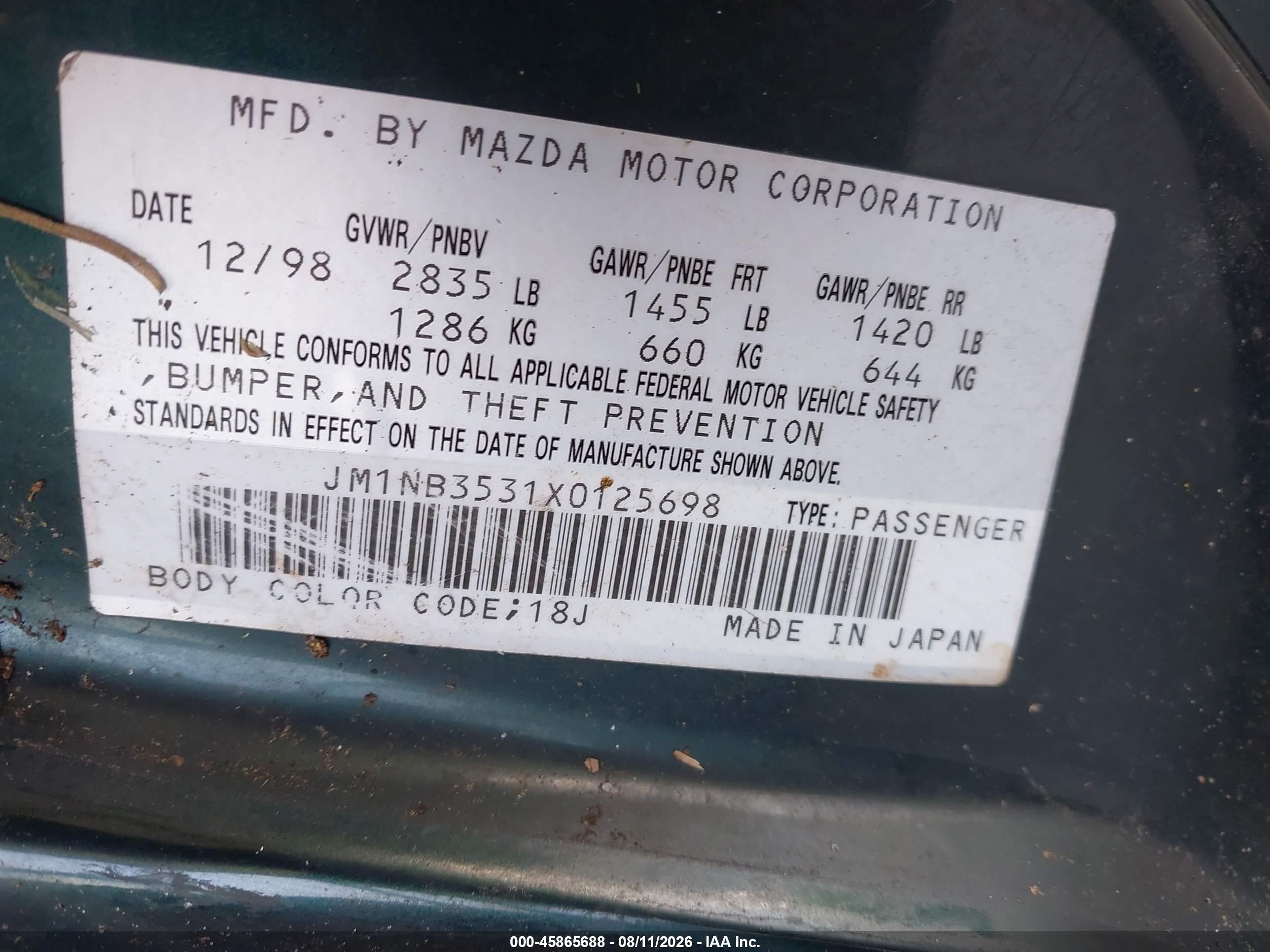 1999 Mazda Mx-5 Miata 10th Anniversary Edition/leather/popular Equip/sport/touring Green vin: JM1NB3531X0125698