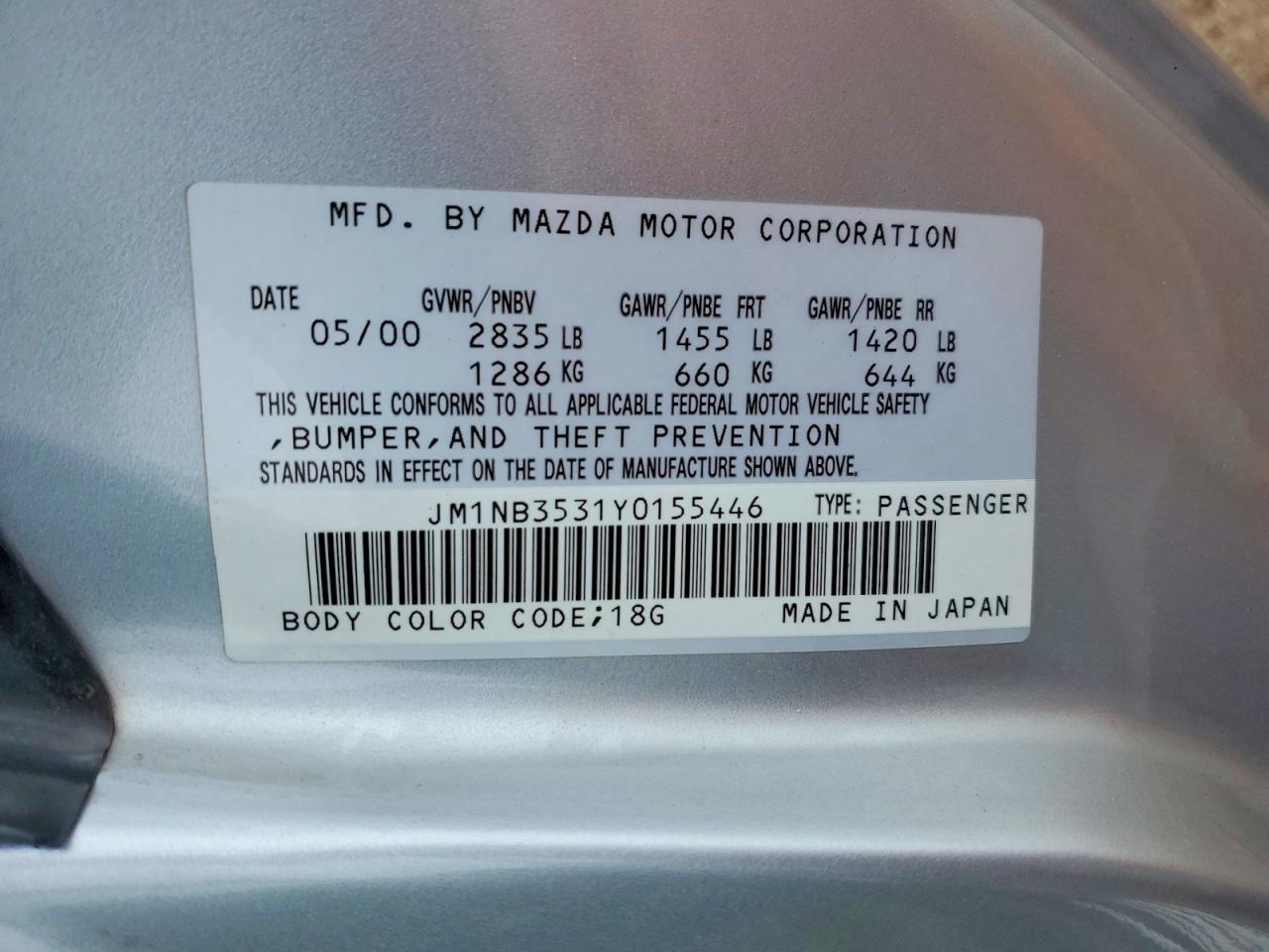 2000 Mazda Mx-5 Miata Base Silver vin: JM1NB3531Y0155446