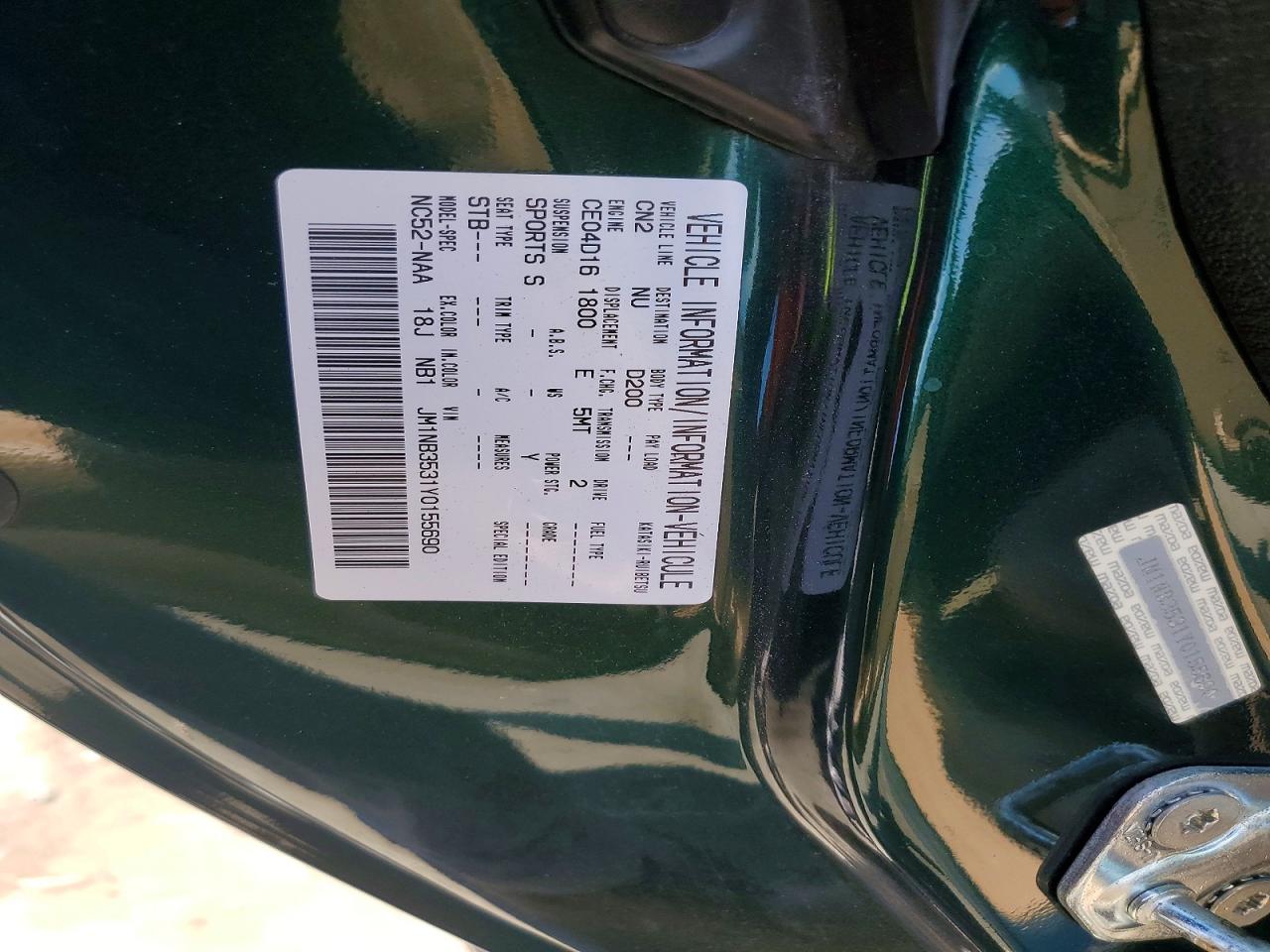 2000 Mazda Mx-5 Miata Base Green vin: JM1NB3531Y0155690