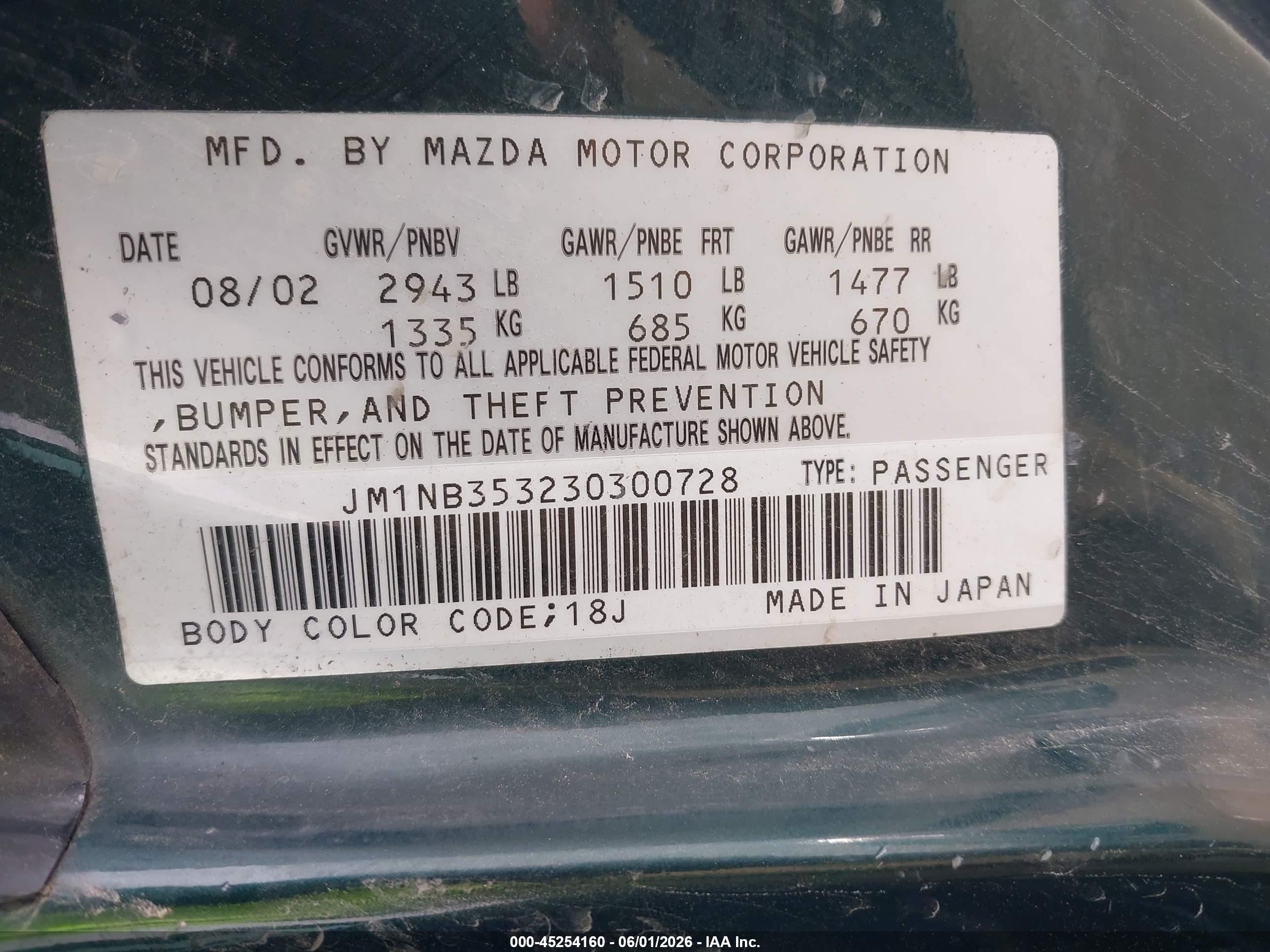 2003 Mazda Mx-5 Miata Cloth/ls/se/shinsen Green vin: JM1NB353230300728