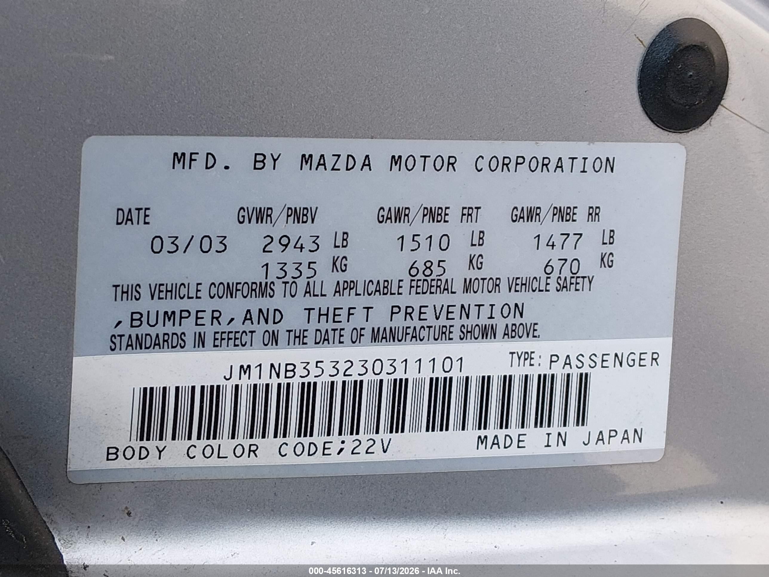 2003 Mazda Mx-5 Miata Cloth/ls/se/shinsen Silver vin: JM1NB353230311101
