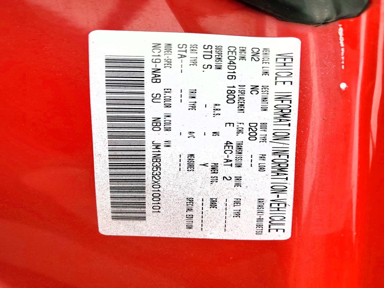 1999 Mazda Mx-5 Miata Red vin: JM1NB3532X0100101