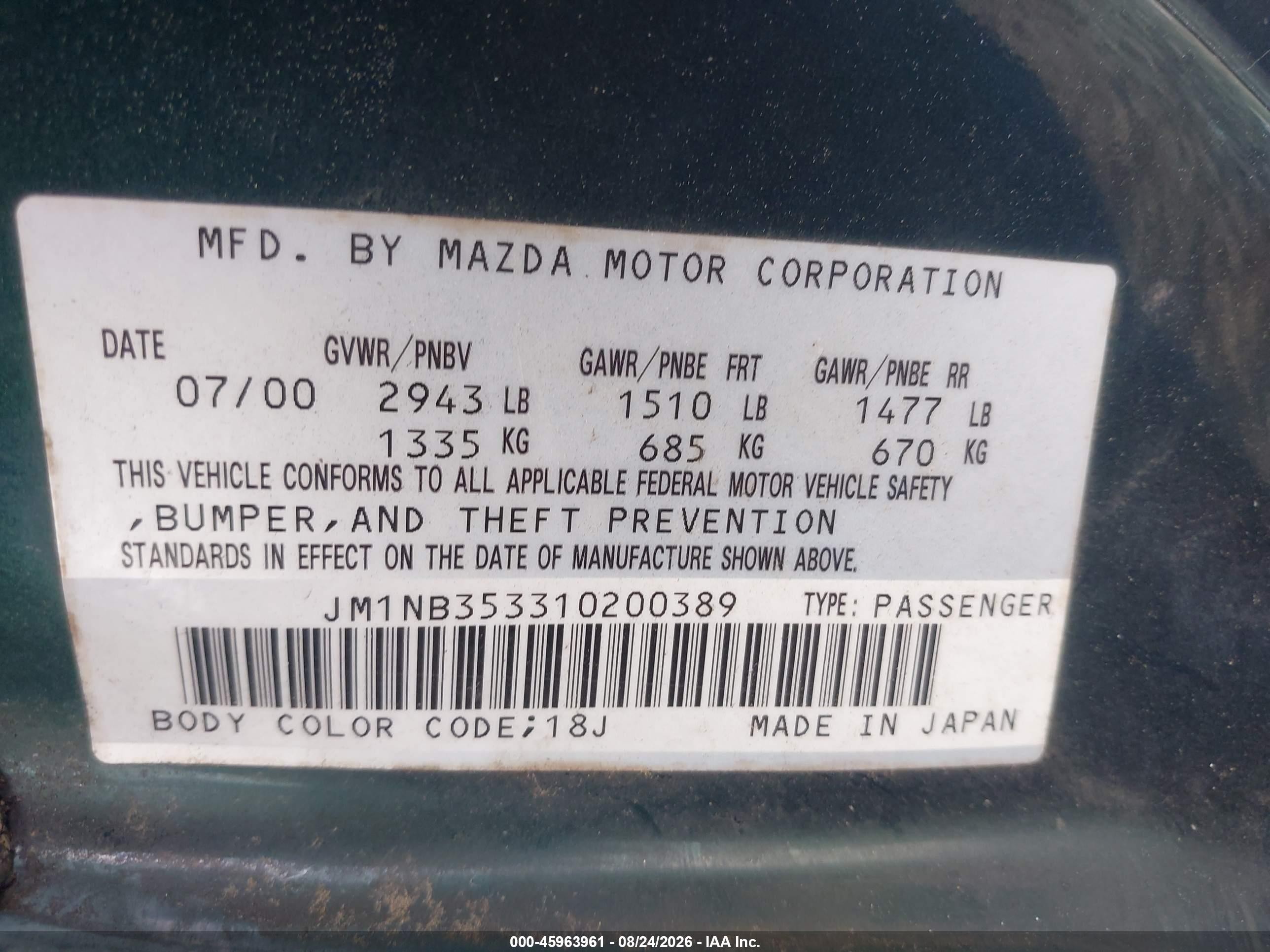2001 Mazda Mx-5 Miata Ls/special Edition Зеленый vin: JM1NB353310200389