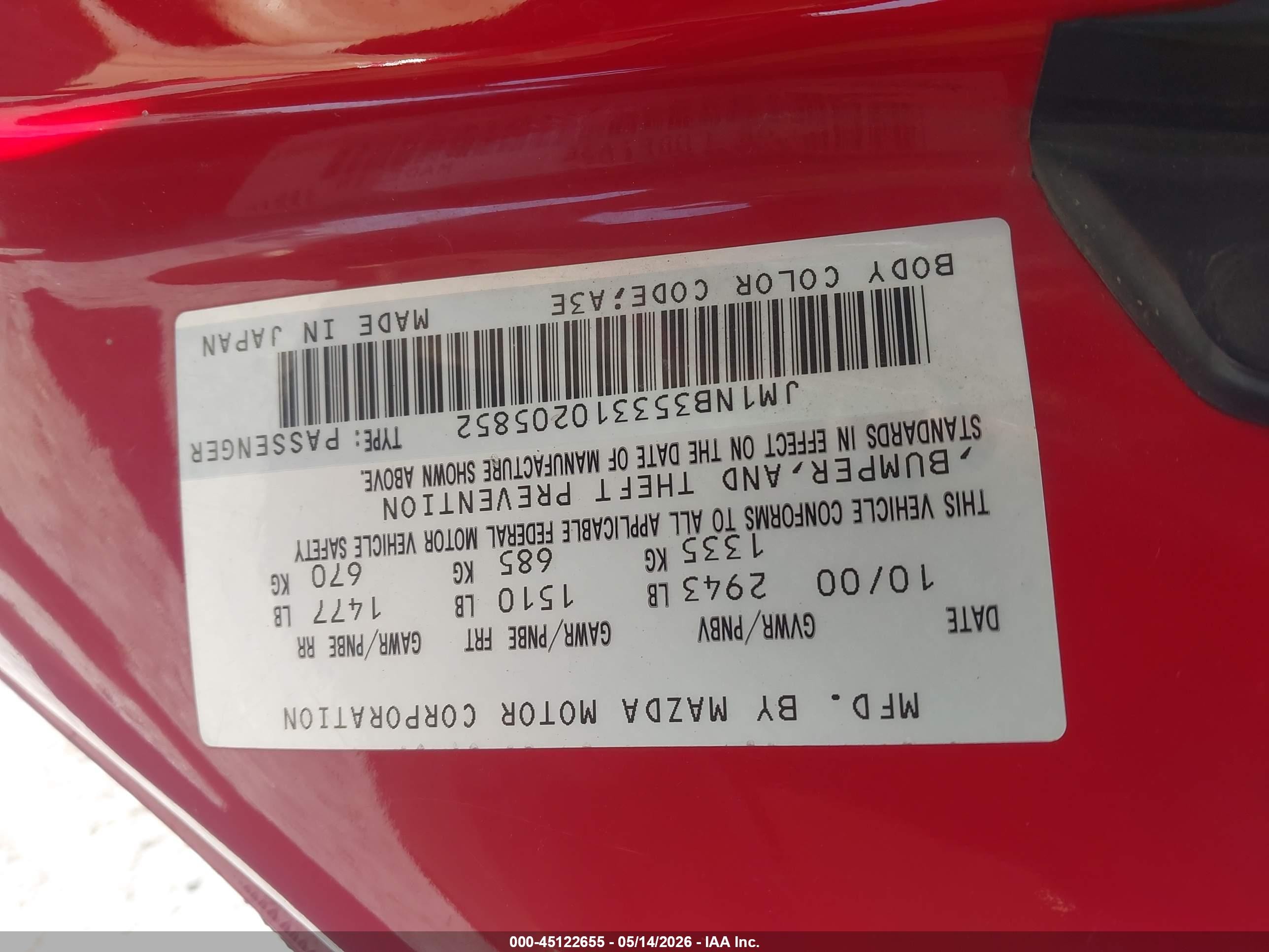 2001 Mazda Mx-5 Miata Ls/special Edition Red vin: JM1NB353310205852