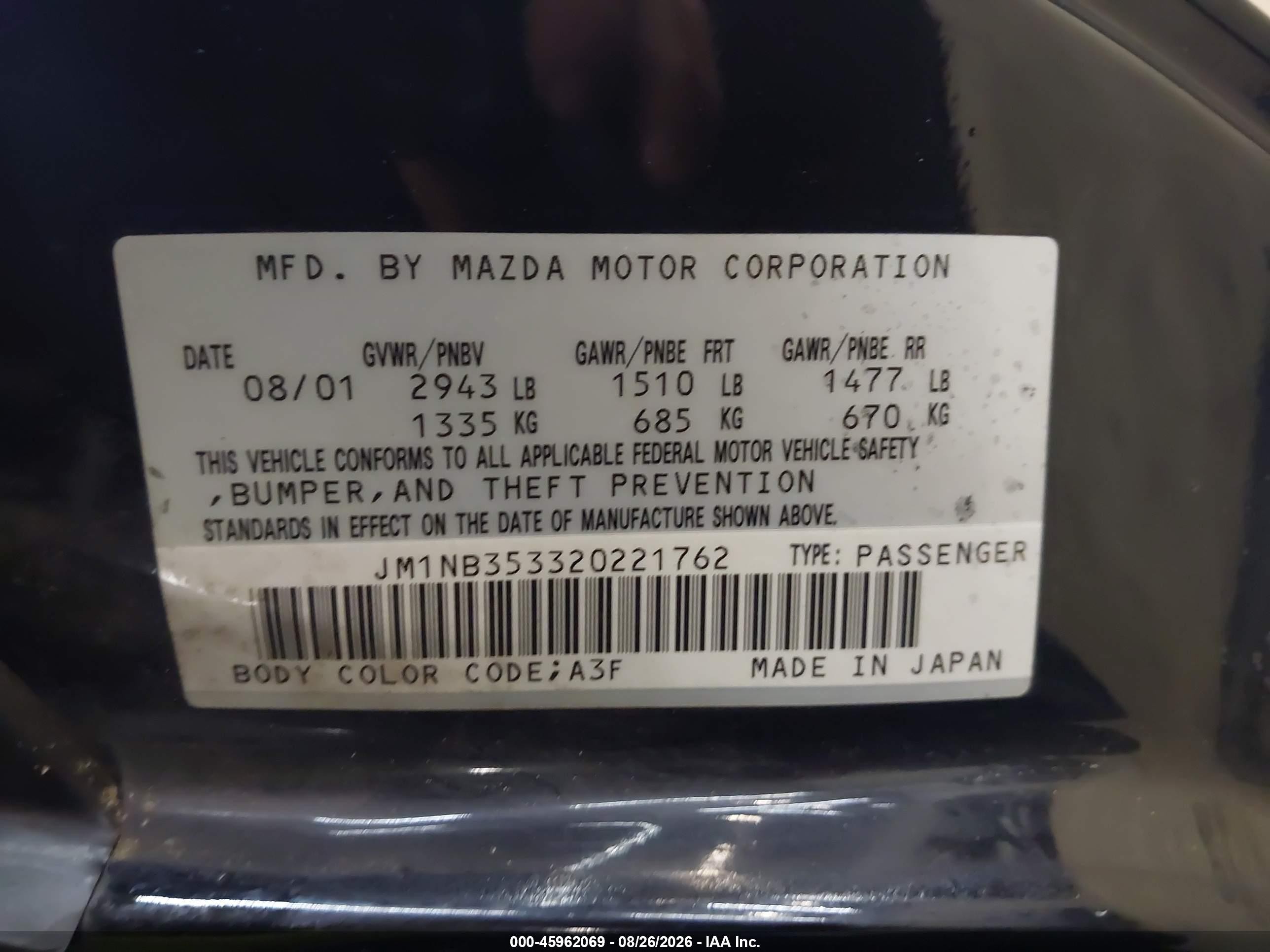 2002 Mazda Mx-5 Miata Cloth/ls/se Black vin: JM1NB353320221762