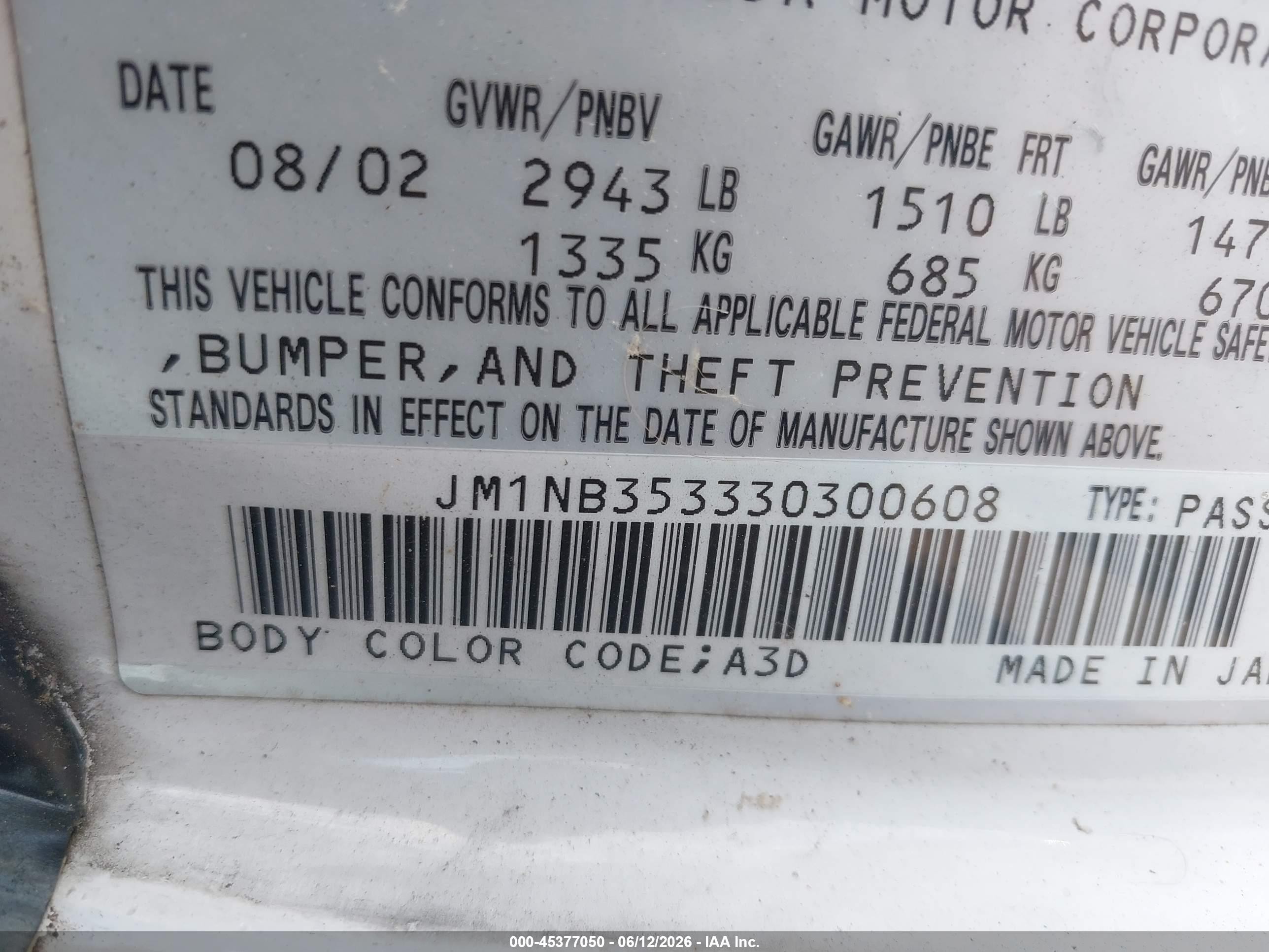 2003 Mazda Mx-5 Miata Cloth/ls/se/shinsen White vin: JM1NB353330300608