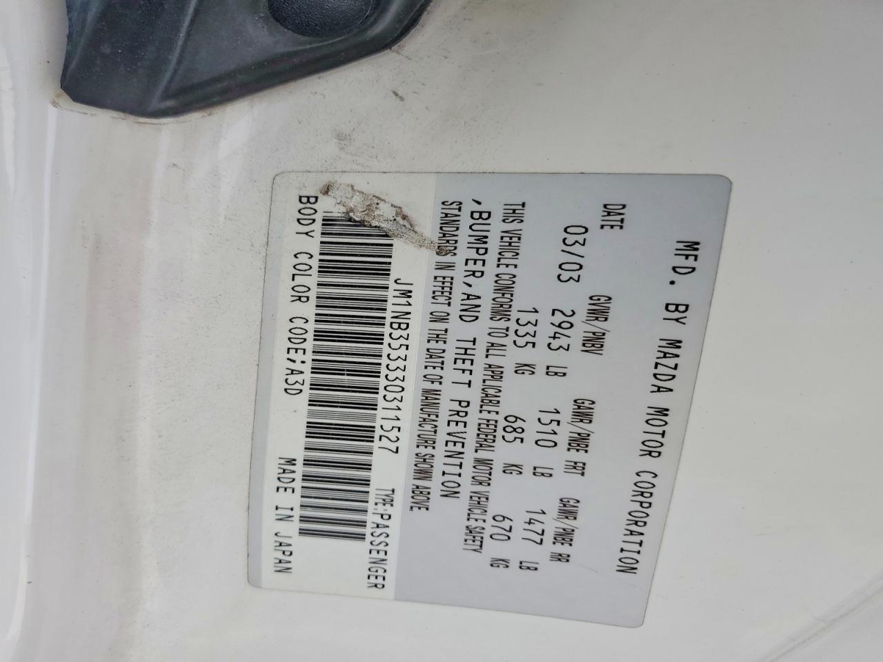 2003 Mazda Mx-5 Miata Base Белый vin: JM1NB353330311527