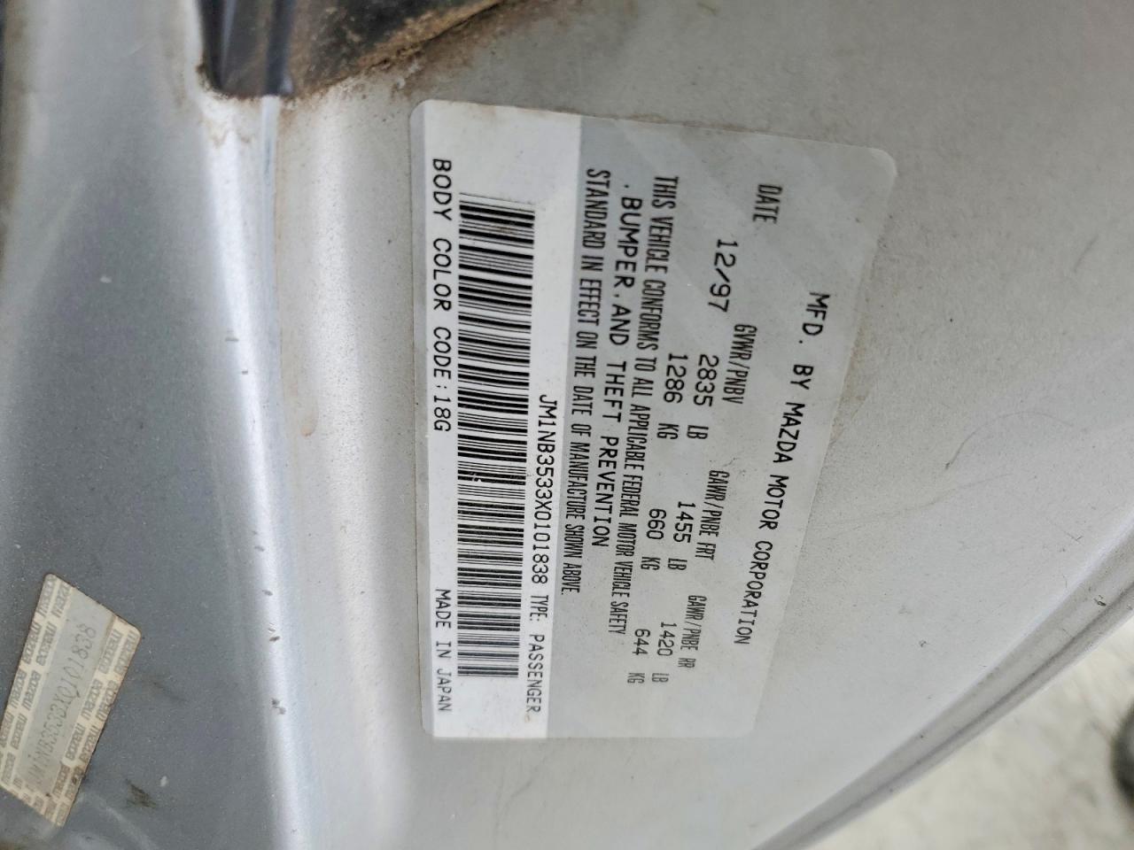 1999 Mazda Mx-5 Miata Silver vin: JM1NB3533X0101838