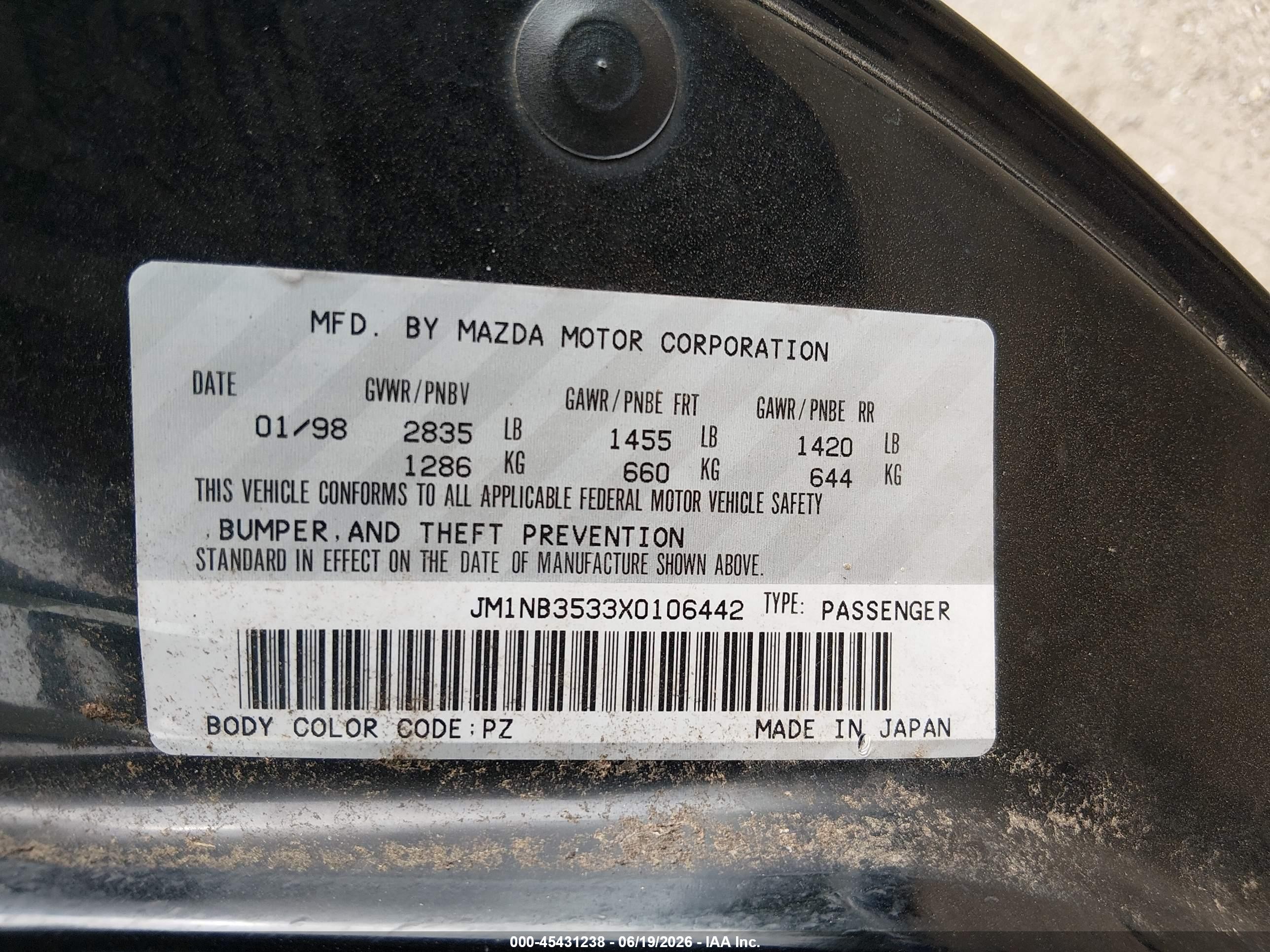 1999 Mazda Mx-5 Miata Leather/leather Pkg/popular Equip/sport/touring/touring Pkg Black vin: JM1NB3533X0106442