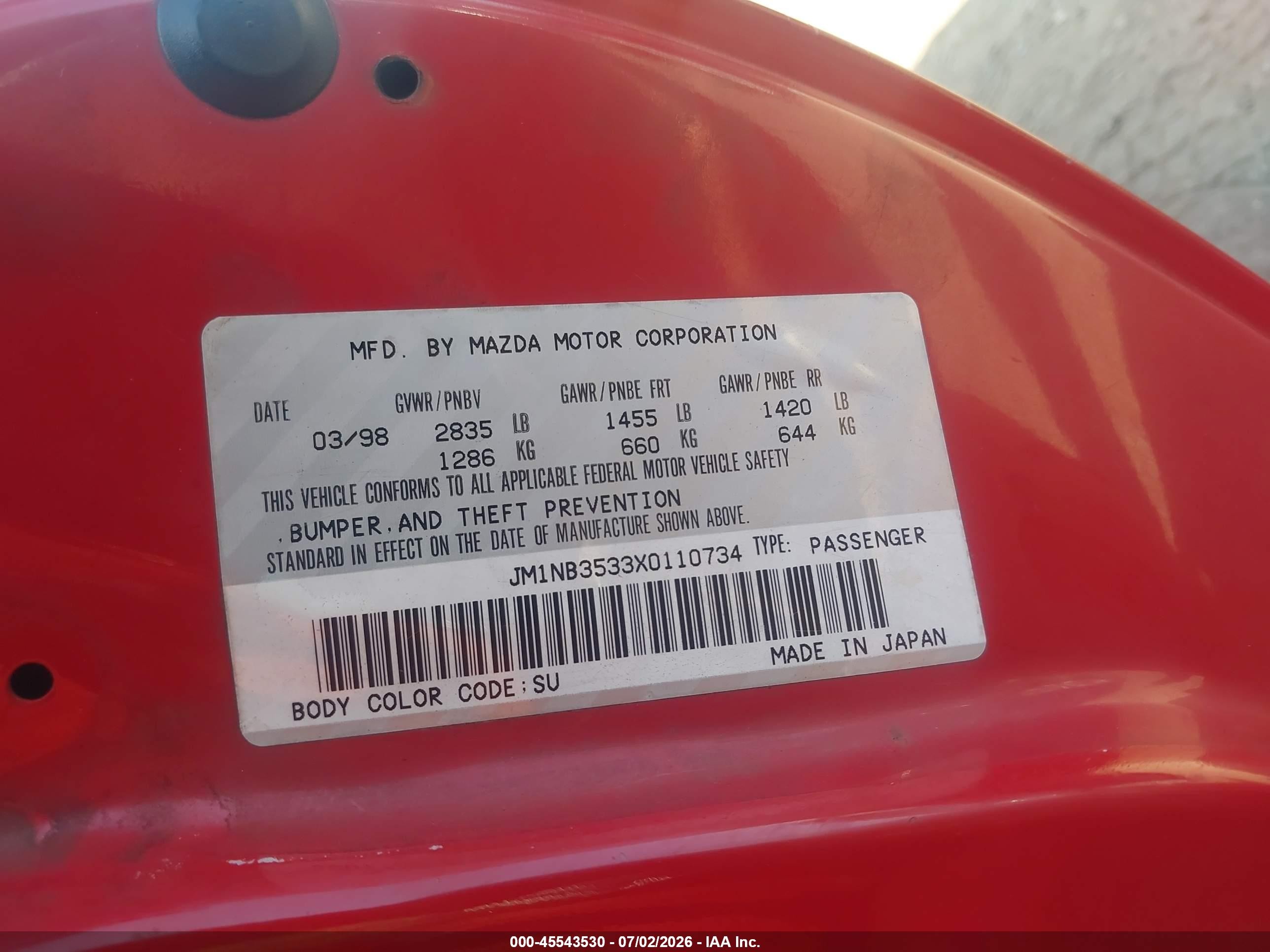 1999 Mazda Mx-5 Miata 10th Anniversary Edition/leather/popular Equip/sport/touring Red vin: JM1NB3533X0110734