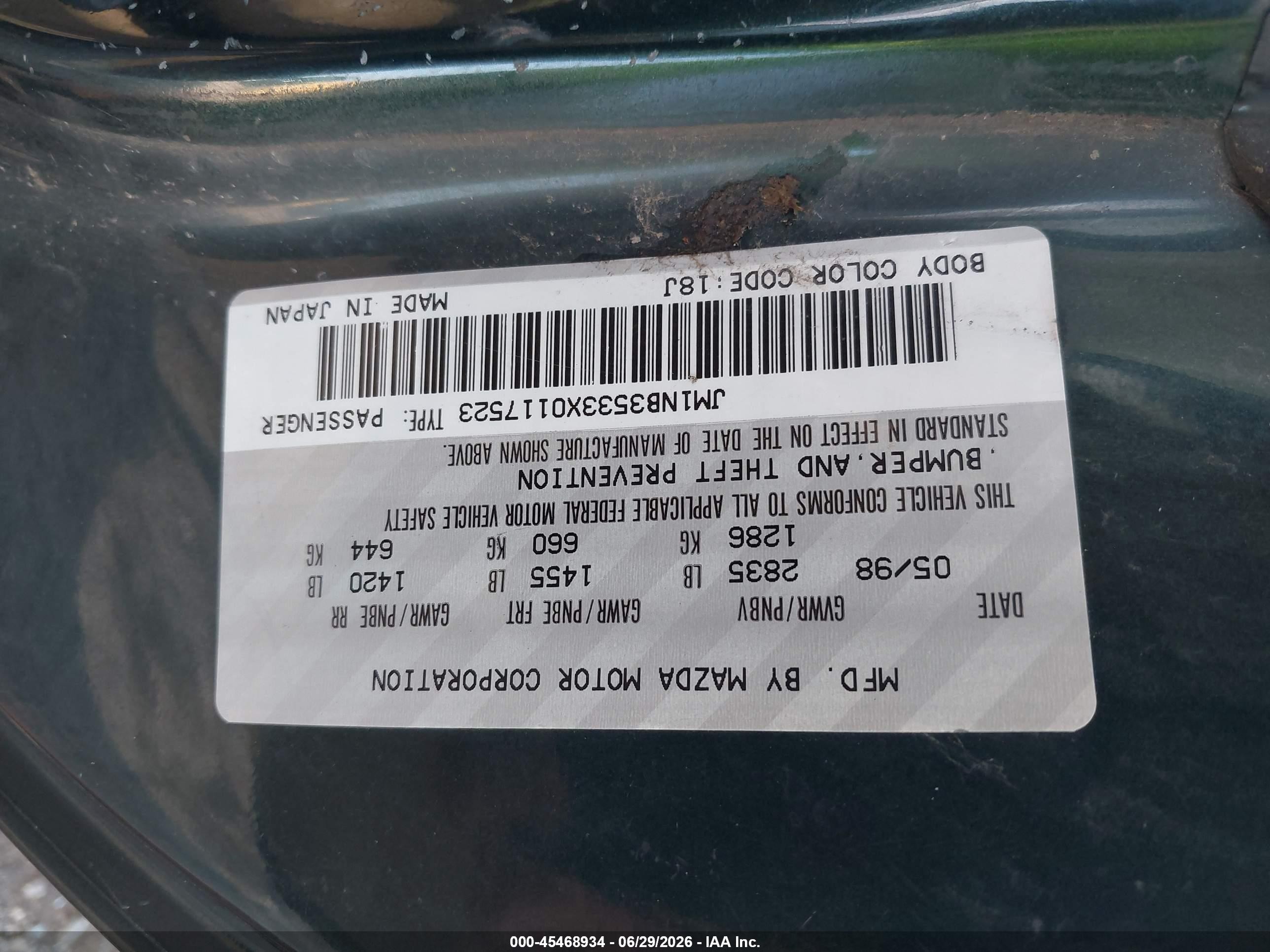 1999 Mazda Mx-5 Miata Leather Pkg/popular Equipment Pkg/sports Pkg/touring Pkg Green vin: JM1NB3533X0117523