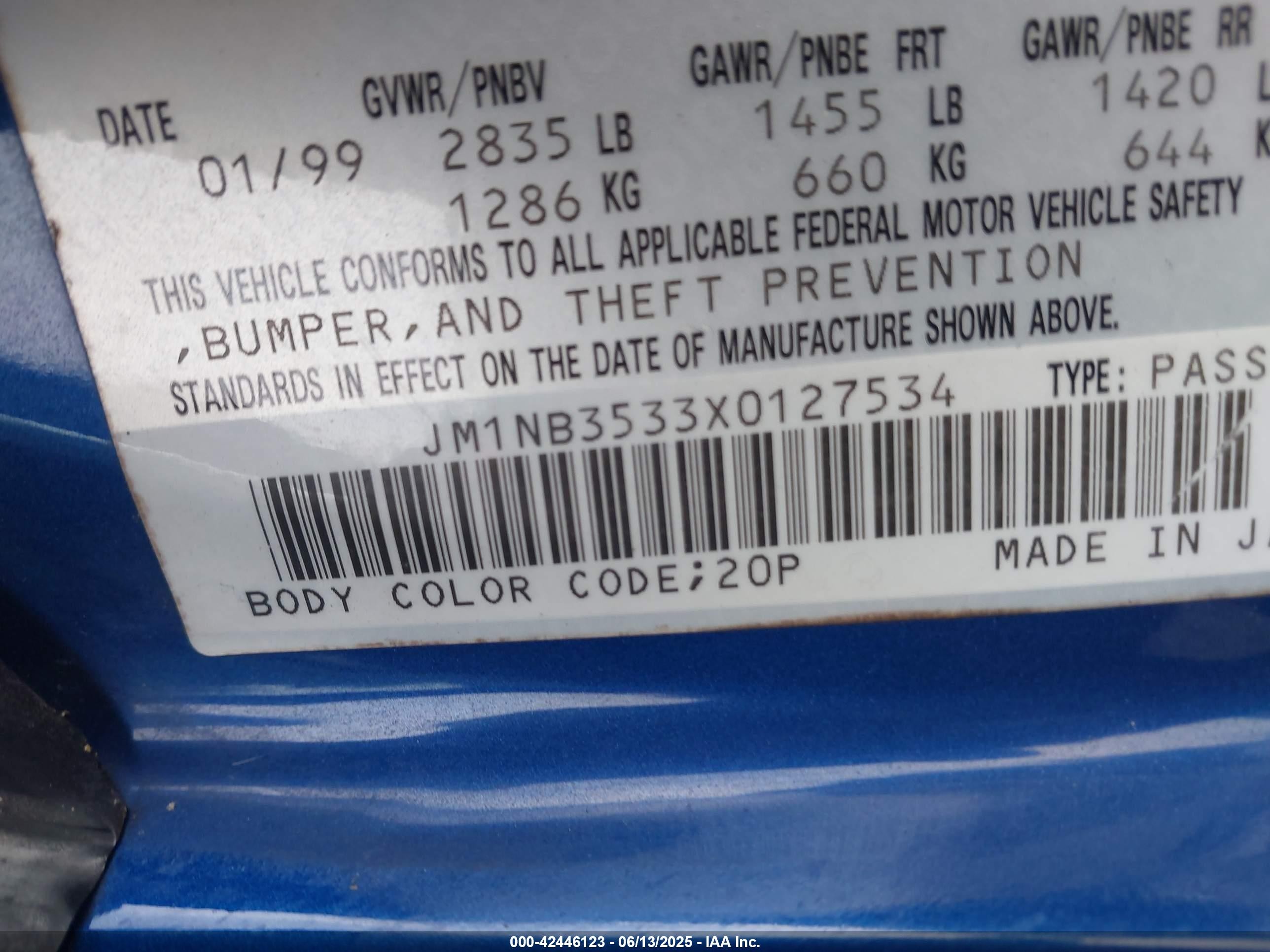 1999 Mazda Mx-5 Miata Leather Pkg/popular Equipment Pkg/sports Pkg/touring Pkg Синий vin: JM1NB3533X0127534