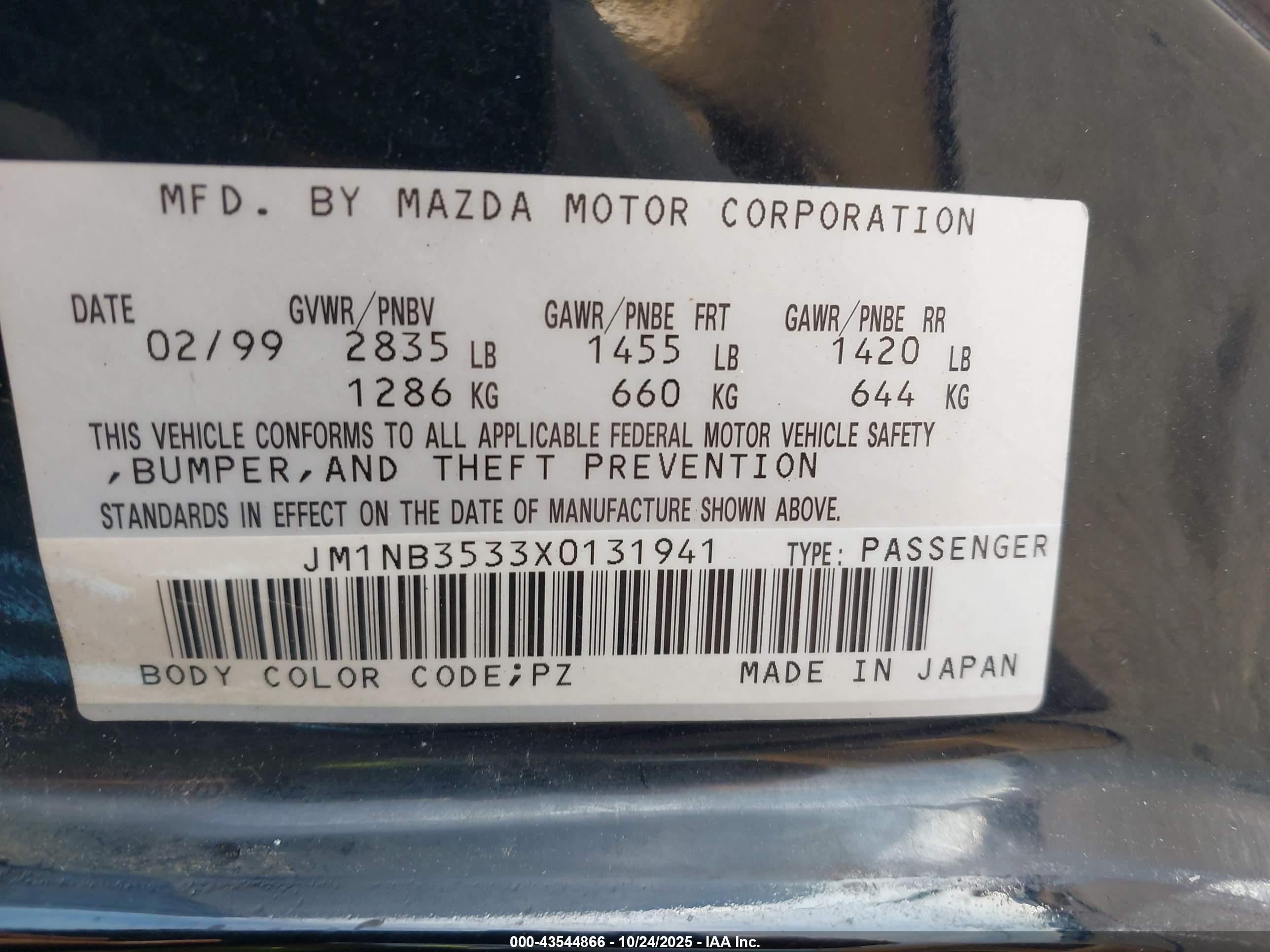 1999 Mazda Mx-5 Miata Leather Pkg/popular Equipment Pkg/sports Pkg/touring Pkg Black vin: JM1NB3533X0131941
