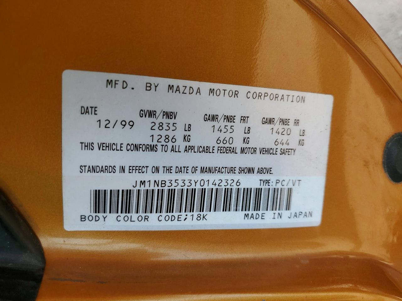 2000 Mazda Mx-5 Miata Base Оранжевый vin: JM1NB3533Y0142326