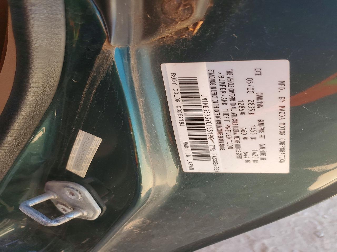 2000 Mazda Mx-5 Miata Base Green vin: JM1NB3533Y0155190