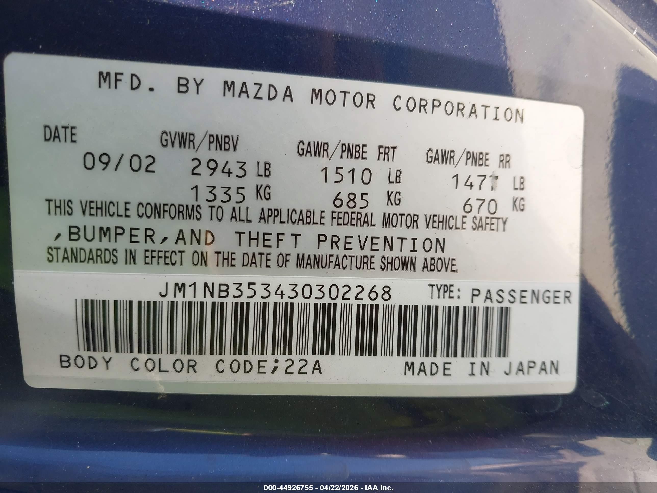 2003 Mazda Mx-5 Miata Cloth/ls/se/shinsen Blue vin: JM1NB353430302268
