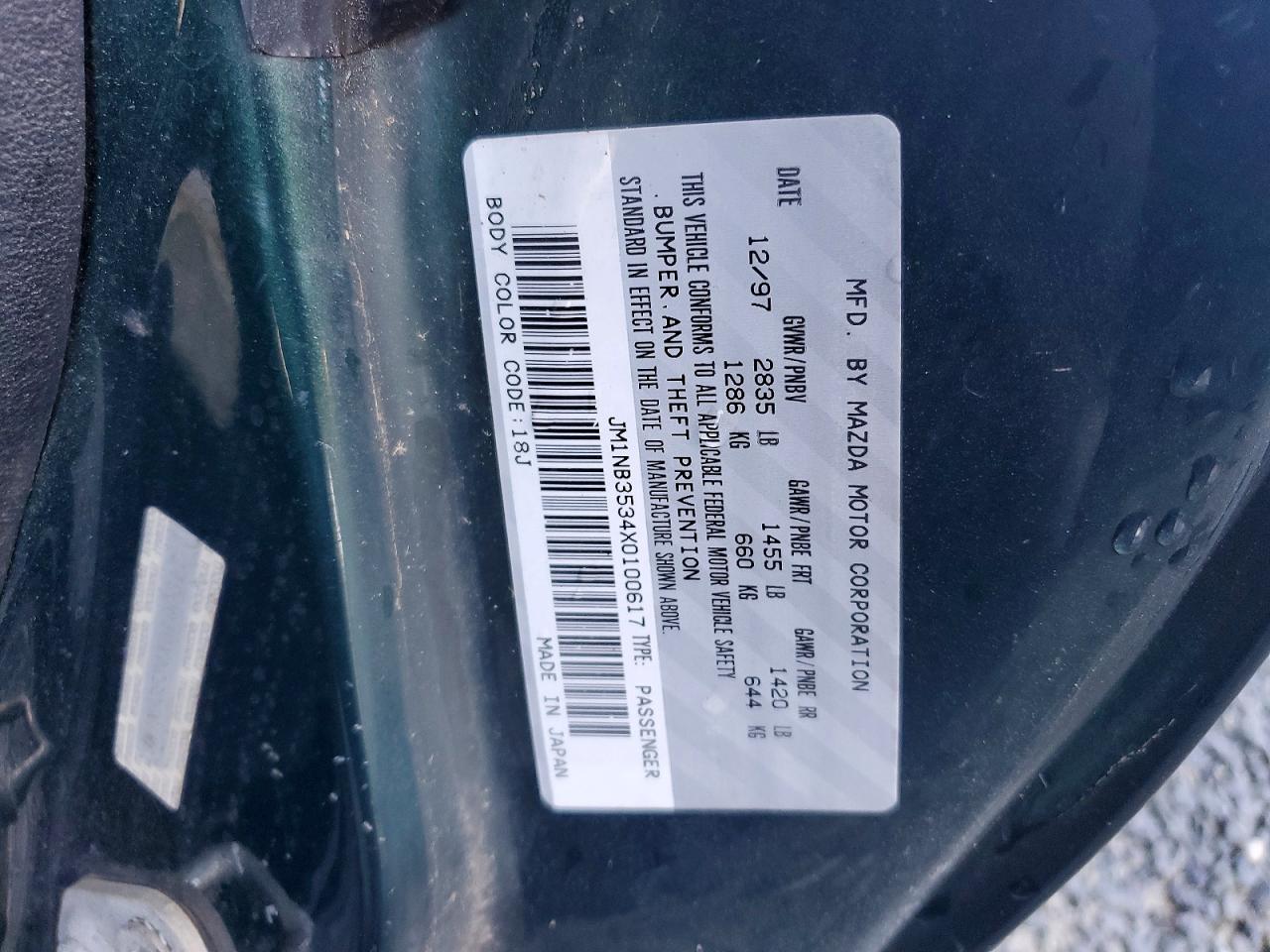 1999 Mazda Mx-5 Miata Green vin: JM1NB3534X0100617