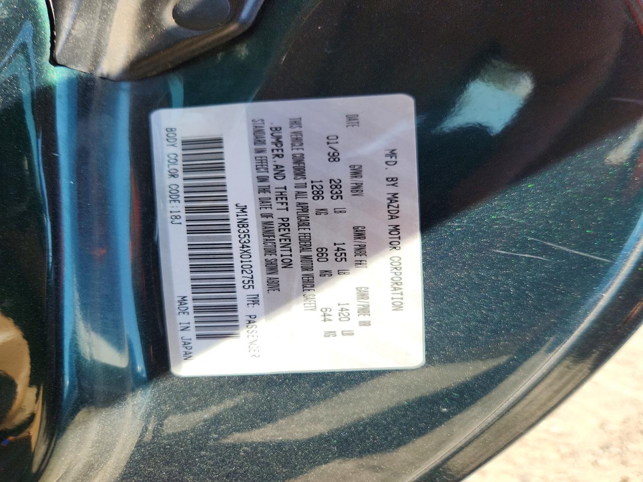 1999 Mazda Mx-5 Miata Green vin: JM1NB3534X0102755