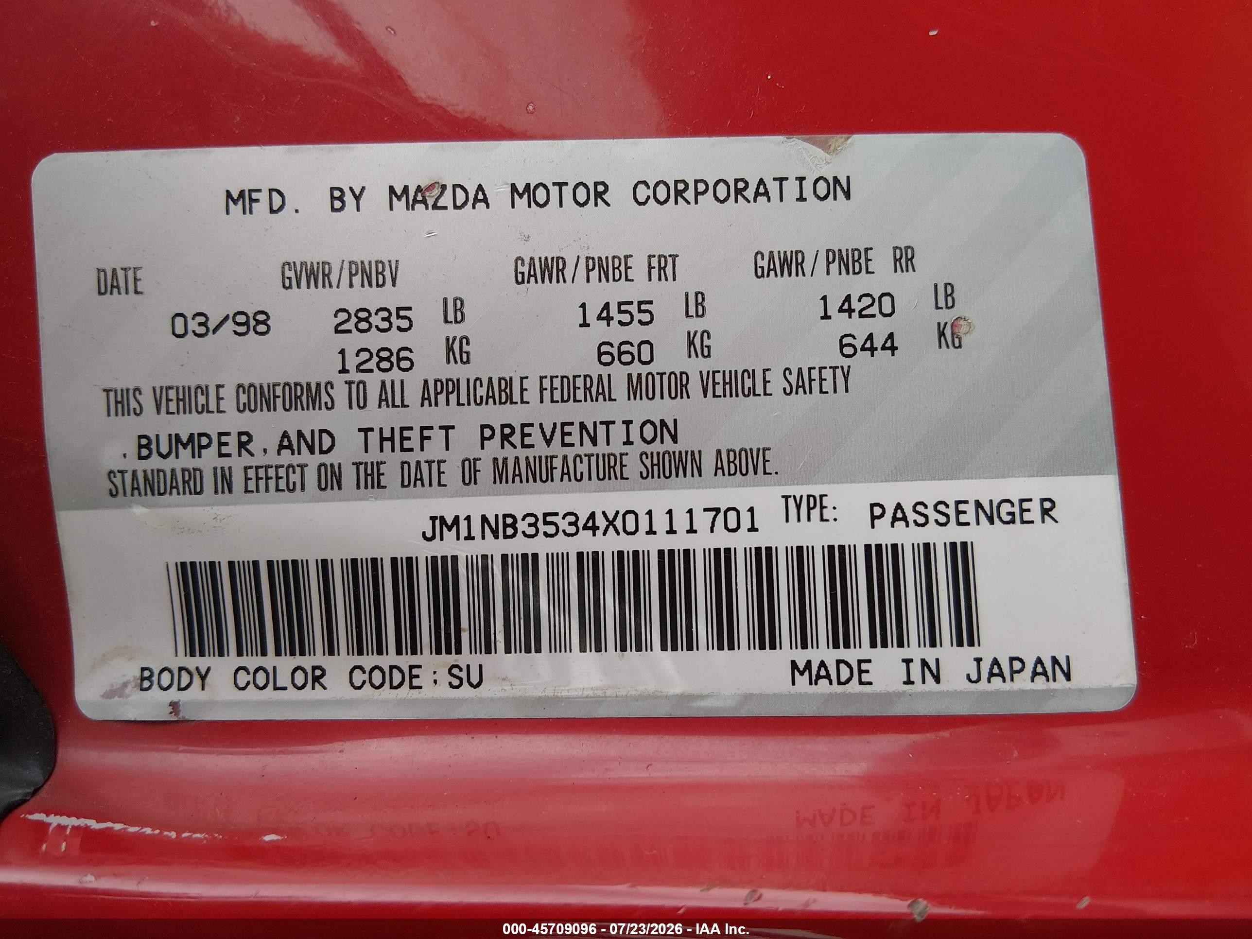 1999 Mazda Mx-5 Miata 10th Anniversary Edition/leather/popular Equip/sport/touring Red vin: JM1NB3534X0111701