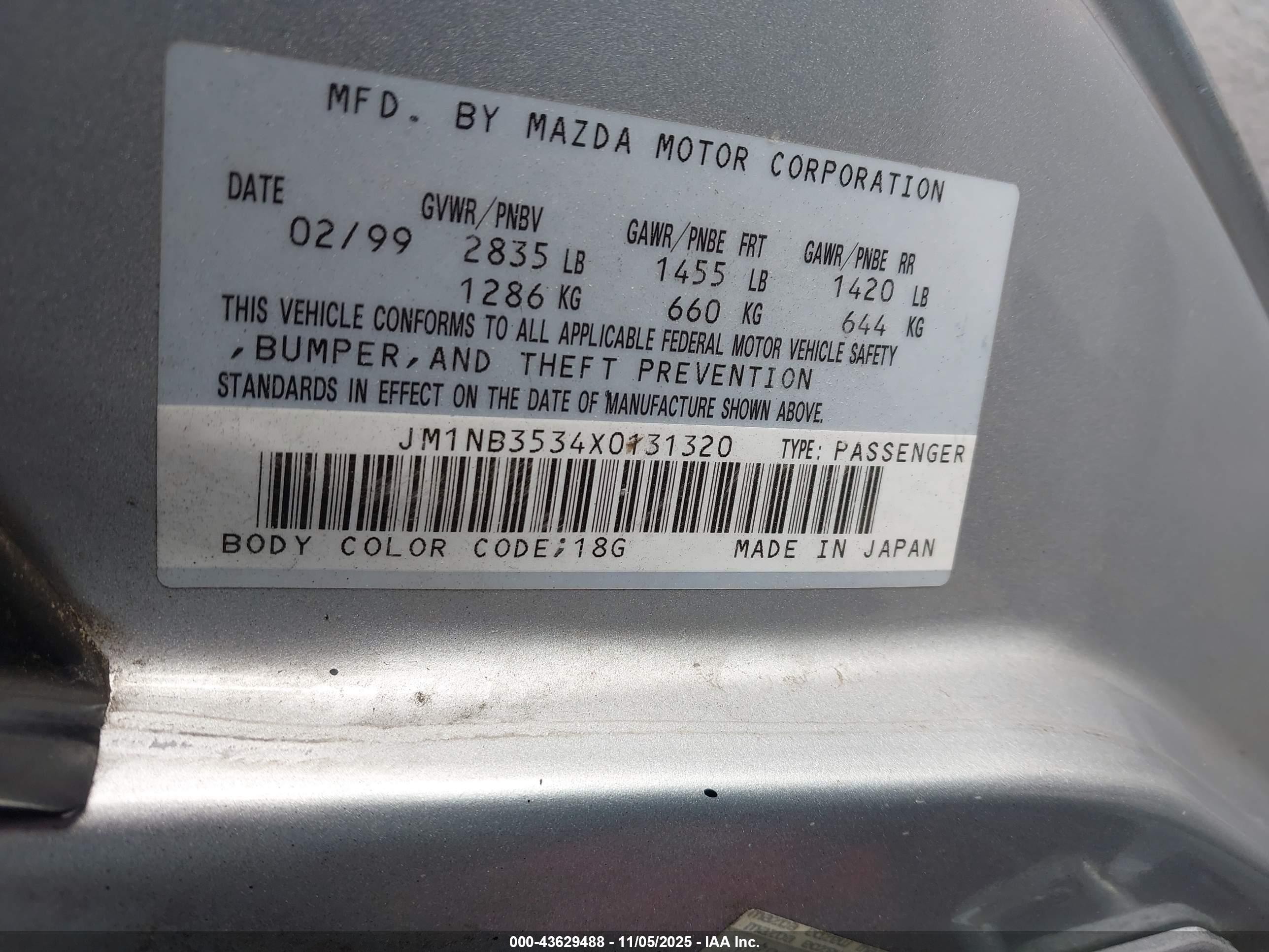 1999 Mazda Mx-5 Miata Leather Pkg/popular Equipment Pkg/sports Pkg/touring Pkg Silver vin: JM1NB3534X0131320