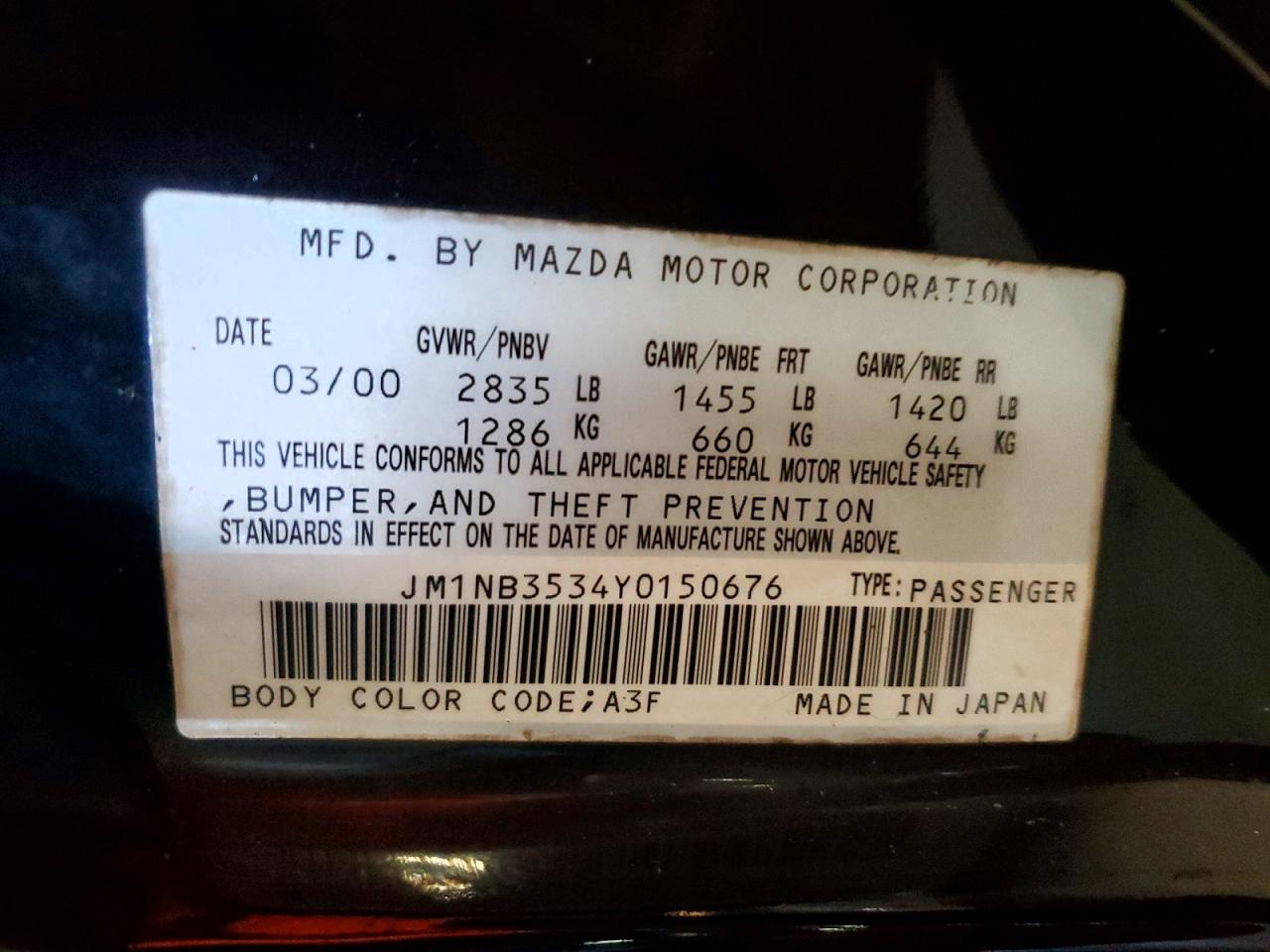 2000 Mazda Mx-5 Miata Base Black vin: JM1NB3534Y0150676