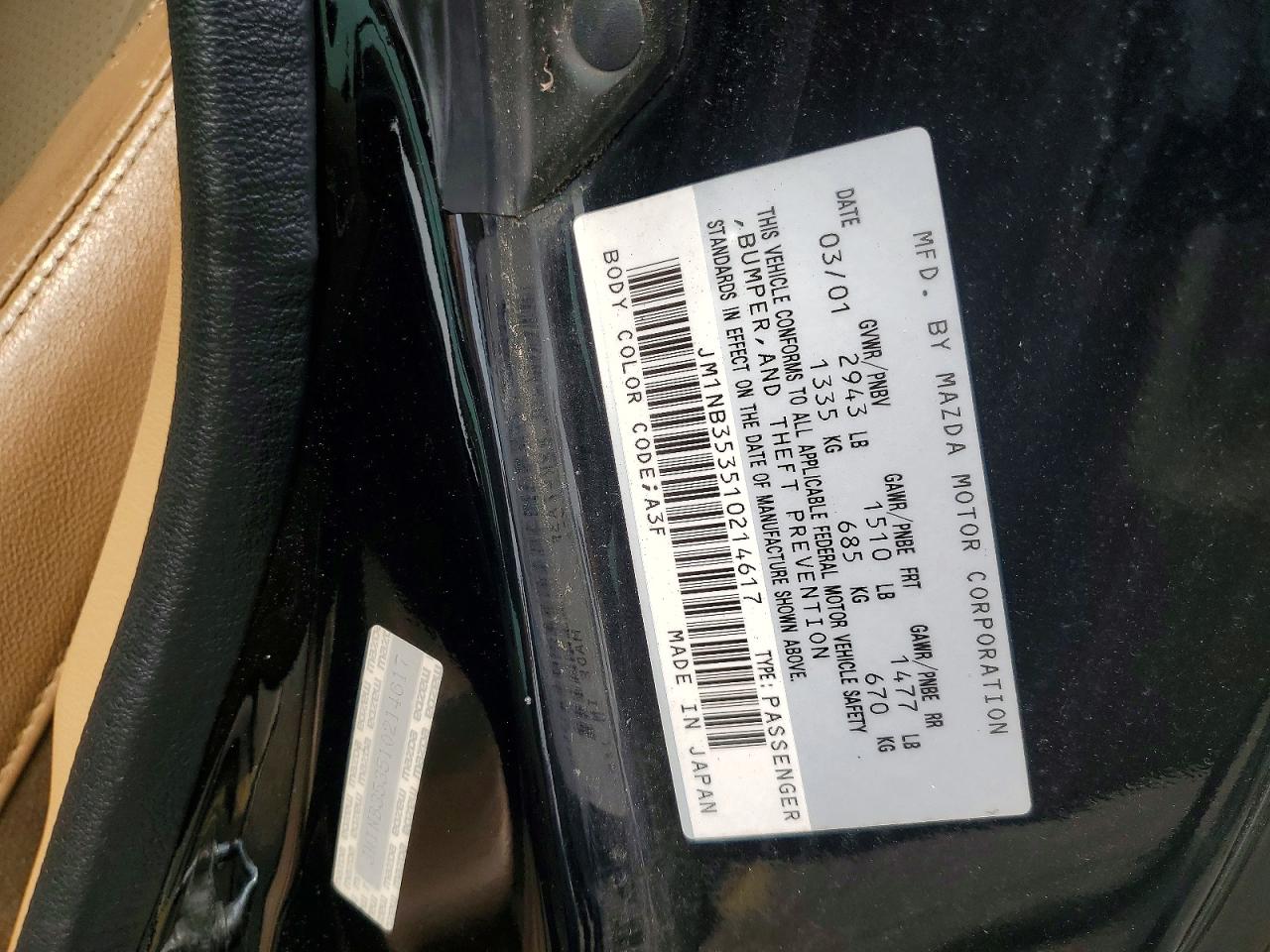 2001 Mazda Mx-5 Miata Base Black vin: JM1NB353510214617