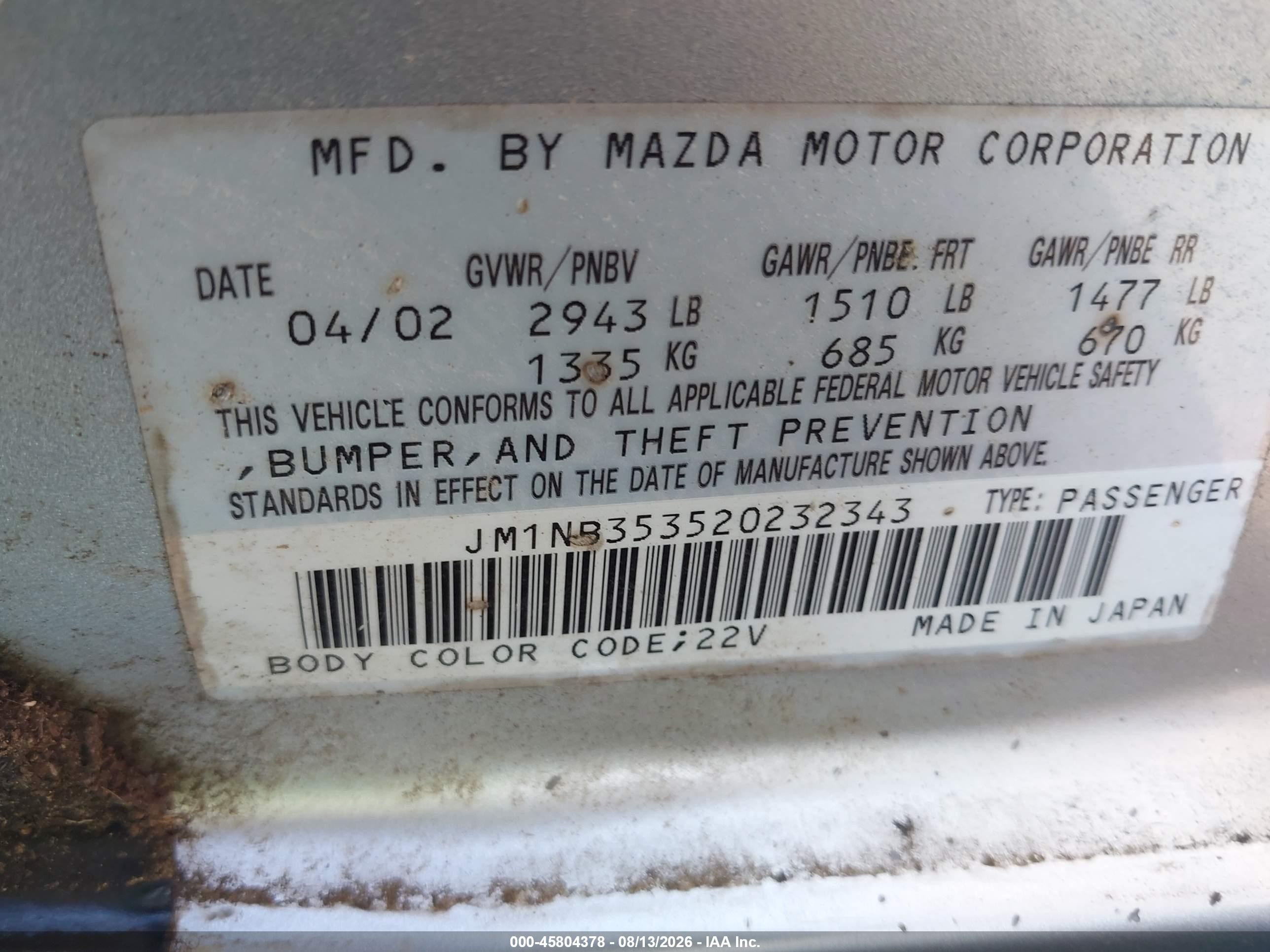 2002 Mazda Mx-5 Miata Cloth/ls/se Silver vin: JM1NB353520232343