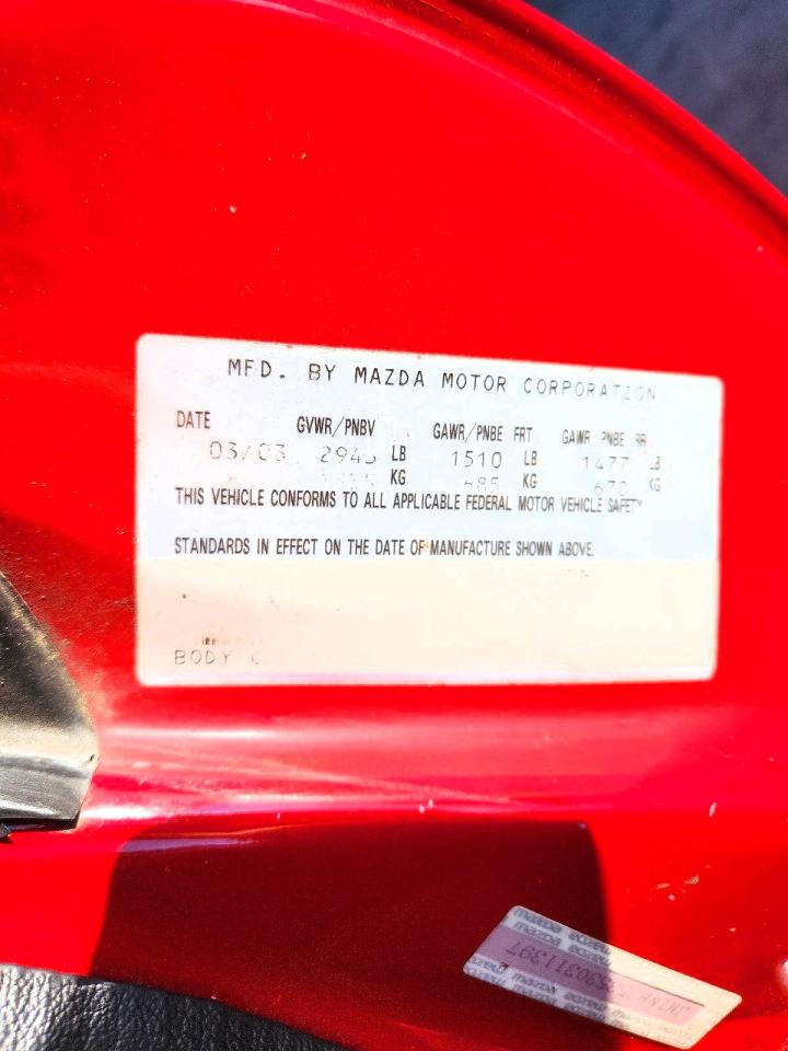 2003 Mazda Mx-5 Miata Base Red vin: JM1NB353530311397