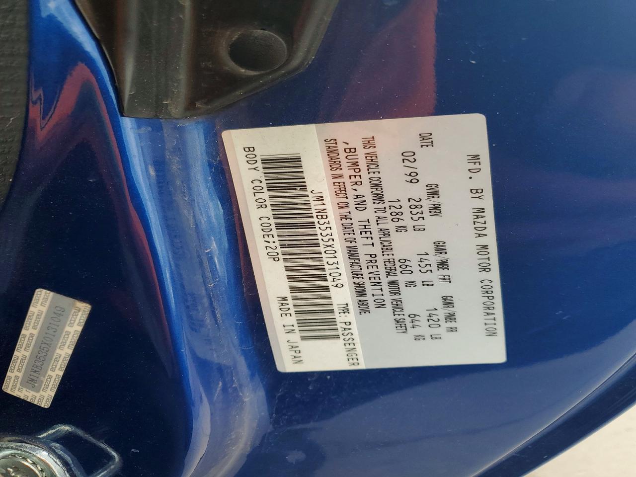 1999 Mazda Mx-5 Miata Blue vin: JM1NB3535X0131049