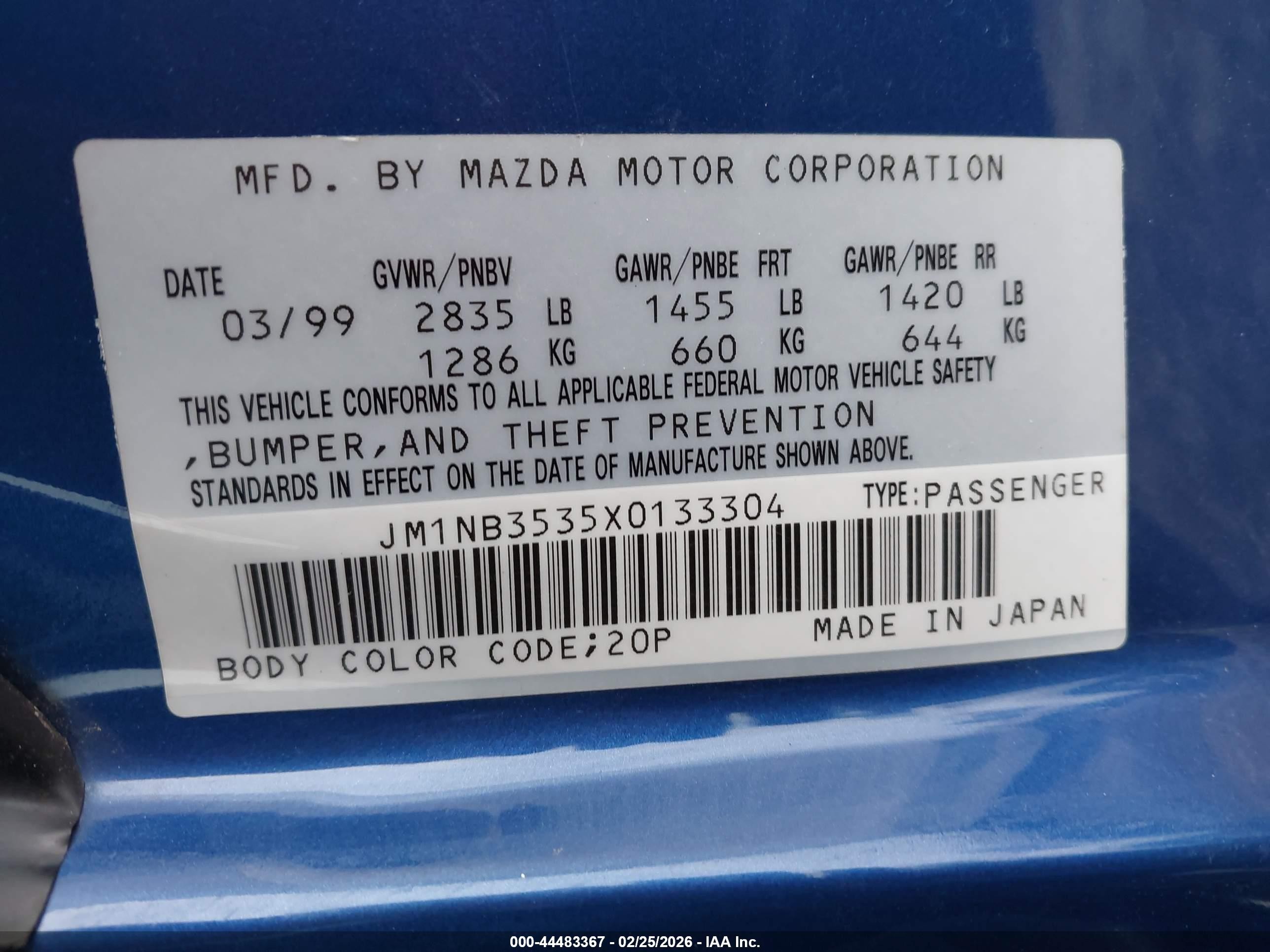 1999 Mazda Mx-5 Miata Leather Pkg/popular Equipment Pkg/sports Pkg/touring Pkg Blue vin: JM1NB3535X0133304