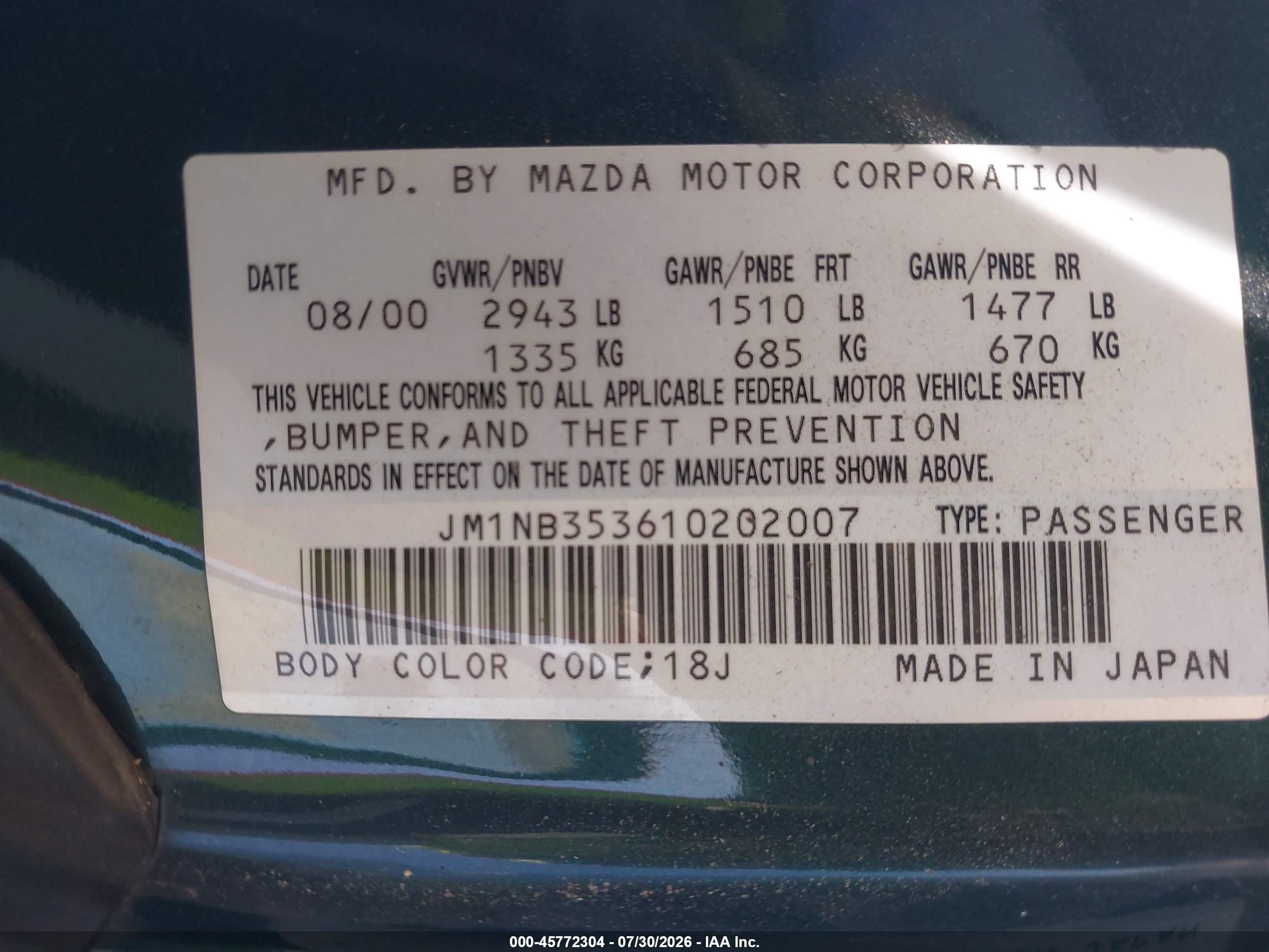 2001 Mazda Mx-5 Miata Ls/special Edition Green vin: JM1NB353610202007