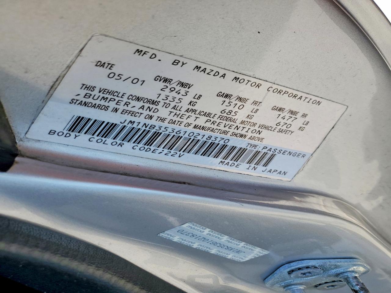 2001 Mazda Mx-5 Miata Base Silver vin: JM1NB353610218370
