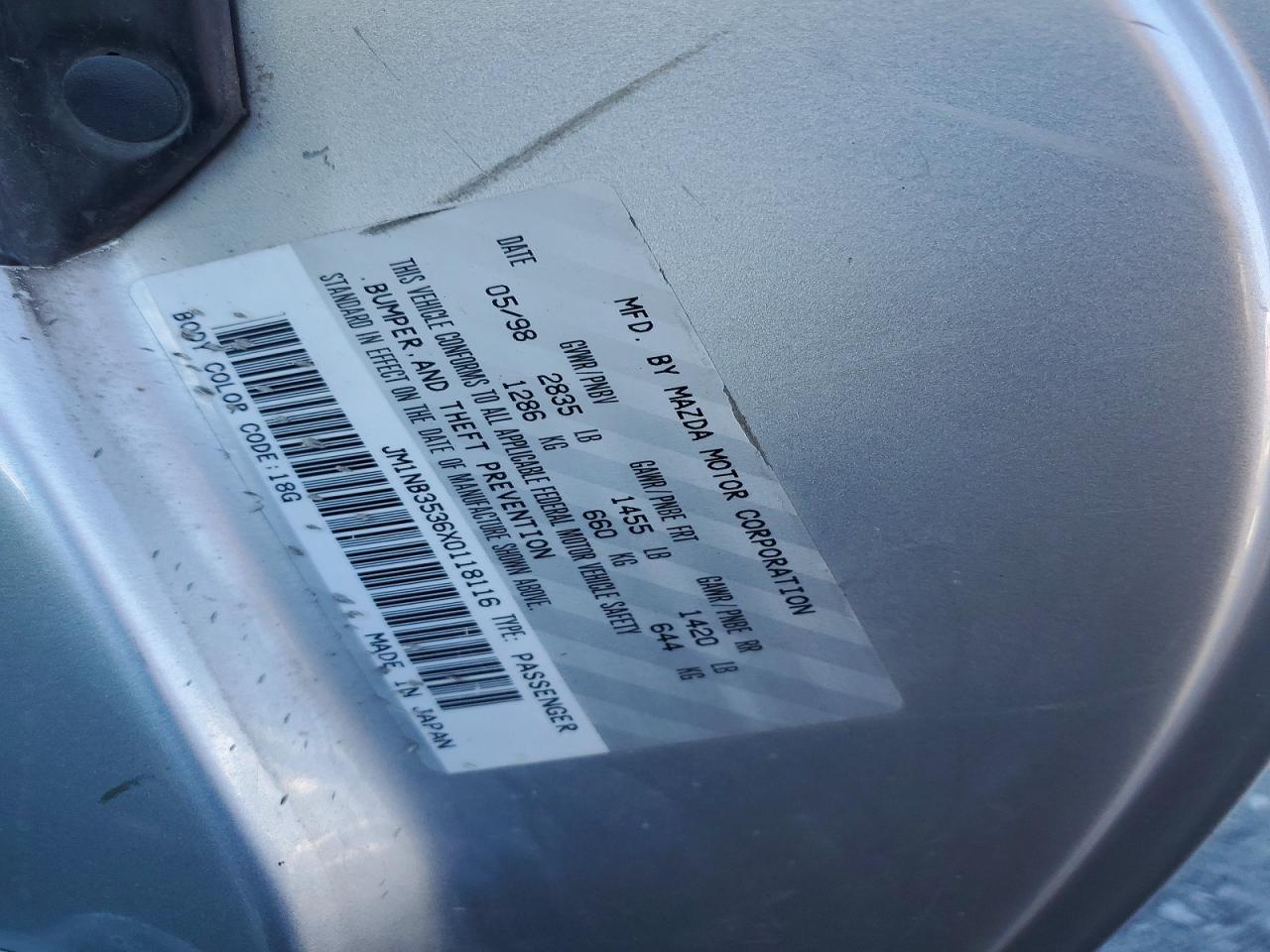 1999 Mazda Mx-5 Miata Silver vin: JM1NB3536X0118116