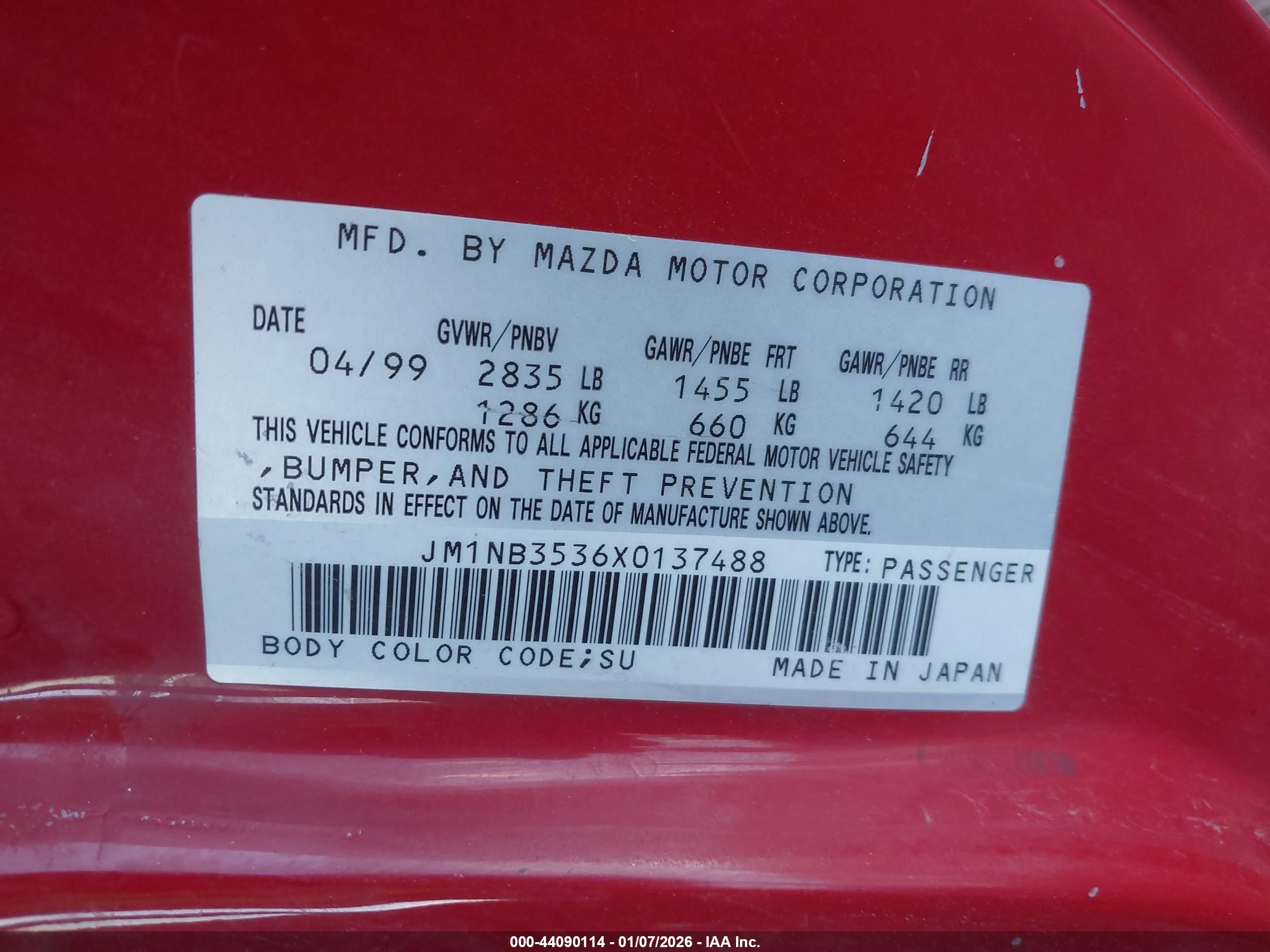 1999 Mazda Mx-5 Miata Leather Pkg/popular Equipment Pkg/sports Pkg/touring Pkg Red vin: JM1NB3536X0137488