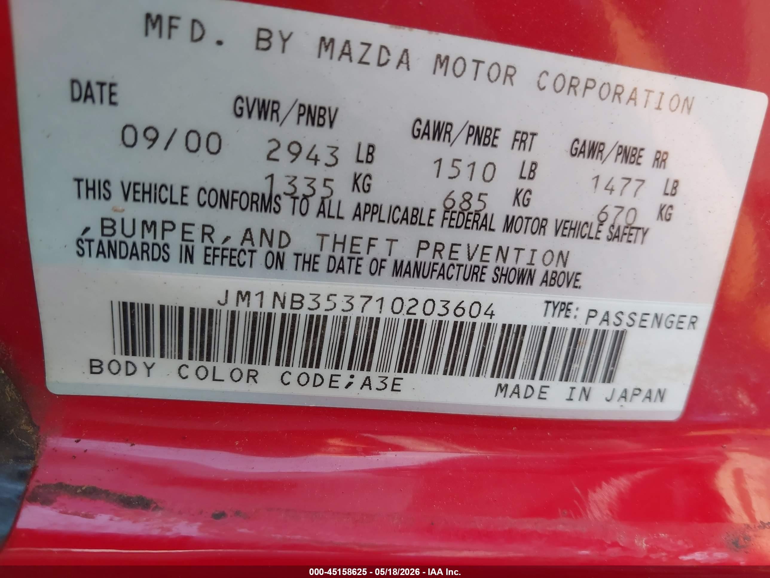 2001 Mazda Mx-5 Miata Ls/special Edition Red vin: JM1NB353710203604