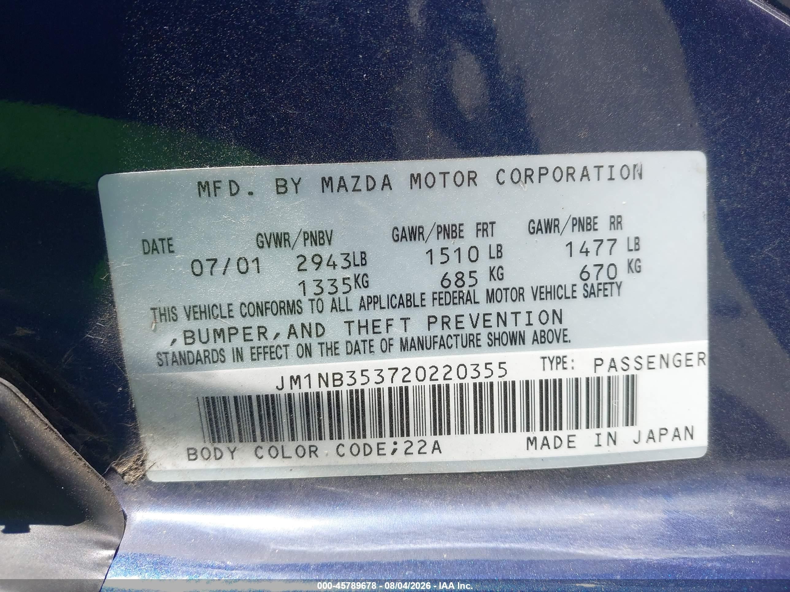2002 Mazda Mx-5 Miata Cloth/ls/se Blue vin: JM1NB353720220355