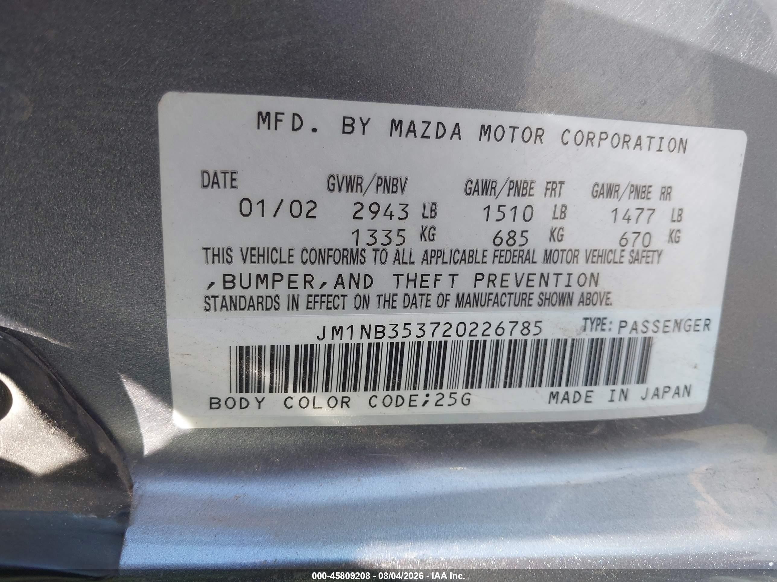 2002 Mazda Mx-5 Miata Cloth/ls/se Gray vin: JM1NB353720226785