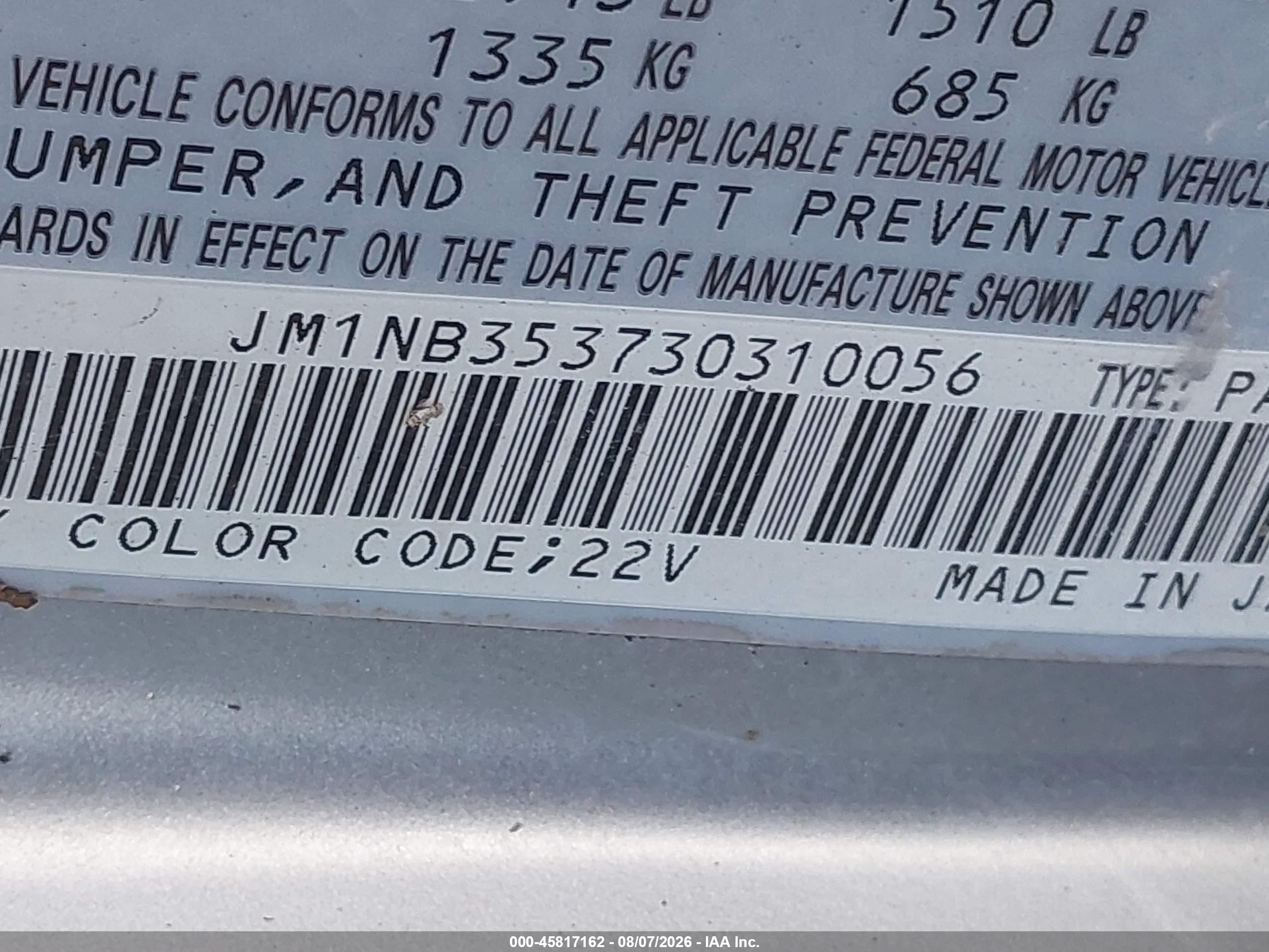 2003 Mazda Mx-5 Miata Cloth/ls/se/shinsen Gray vin: JM1NB353730310056