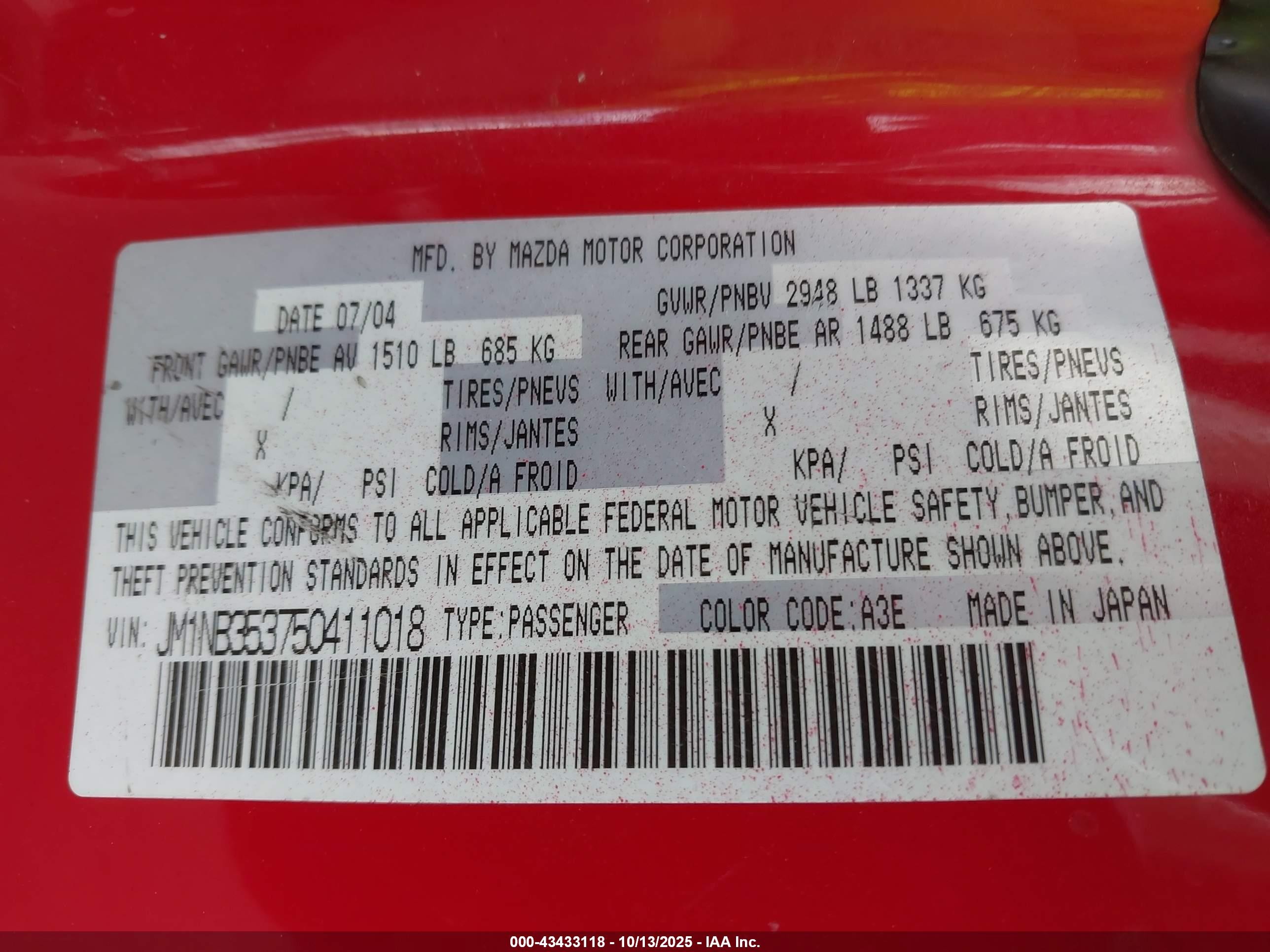 2005 Mazda Mx-5 Miata Cloth Red vin: JM1NB353750411018