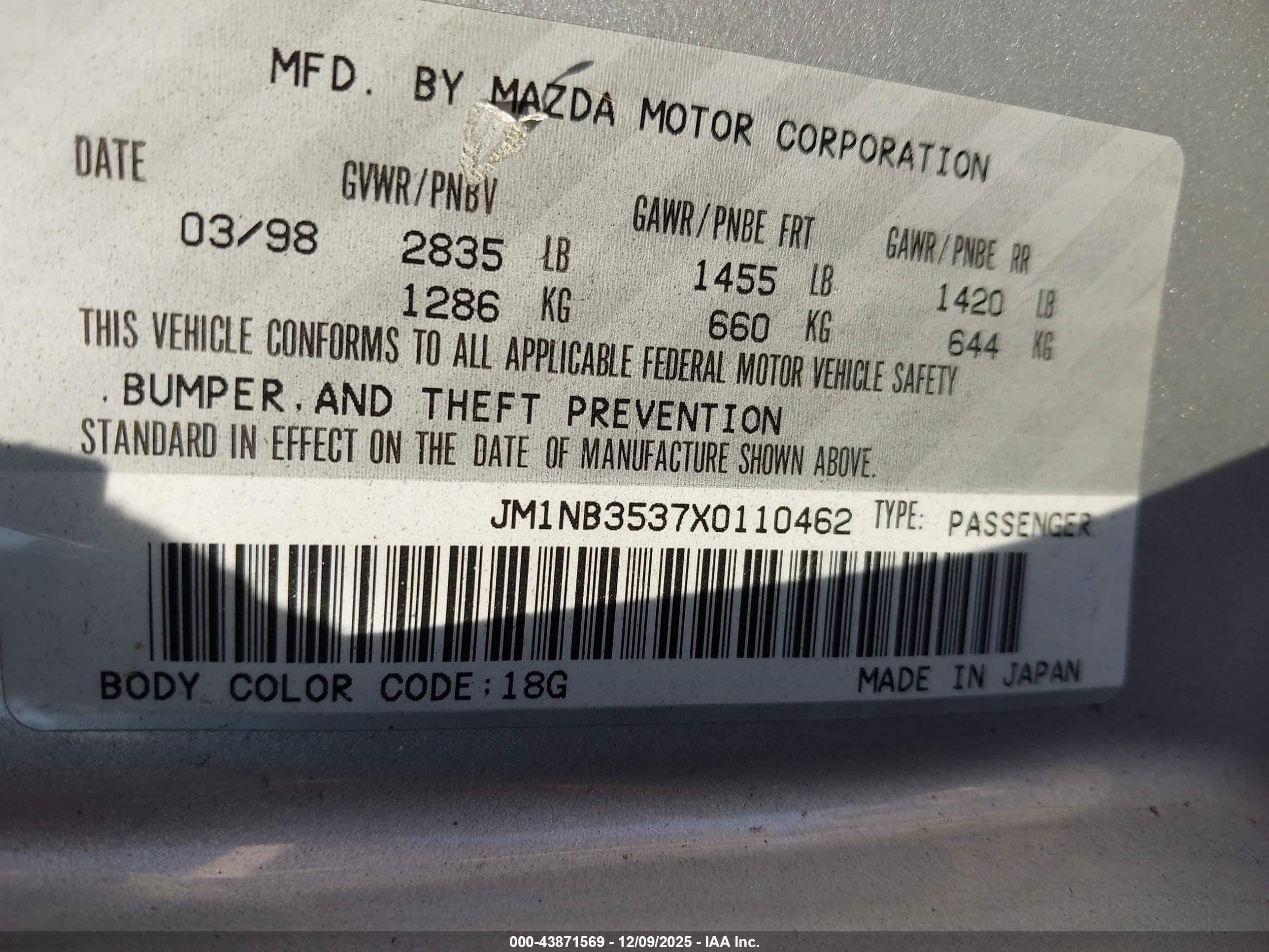 1999 Mazda Mx-5 Miata Leather Pkg/popular Equipment Pkg/sports Pkg/touring Pkg Silver vin: JM1NB3537X0110462