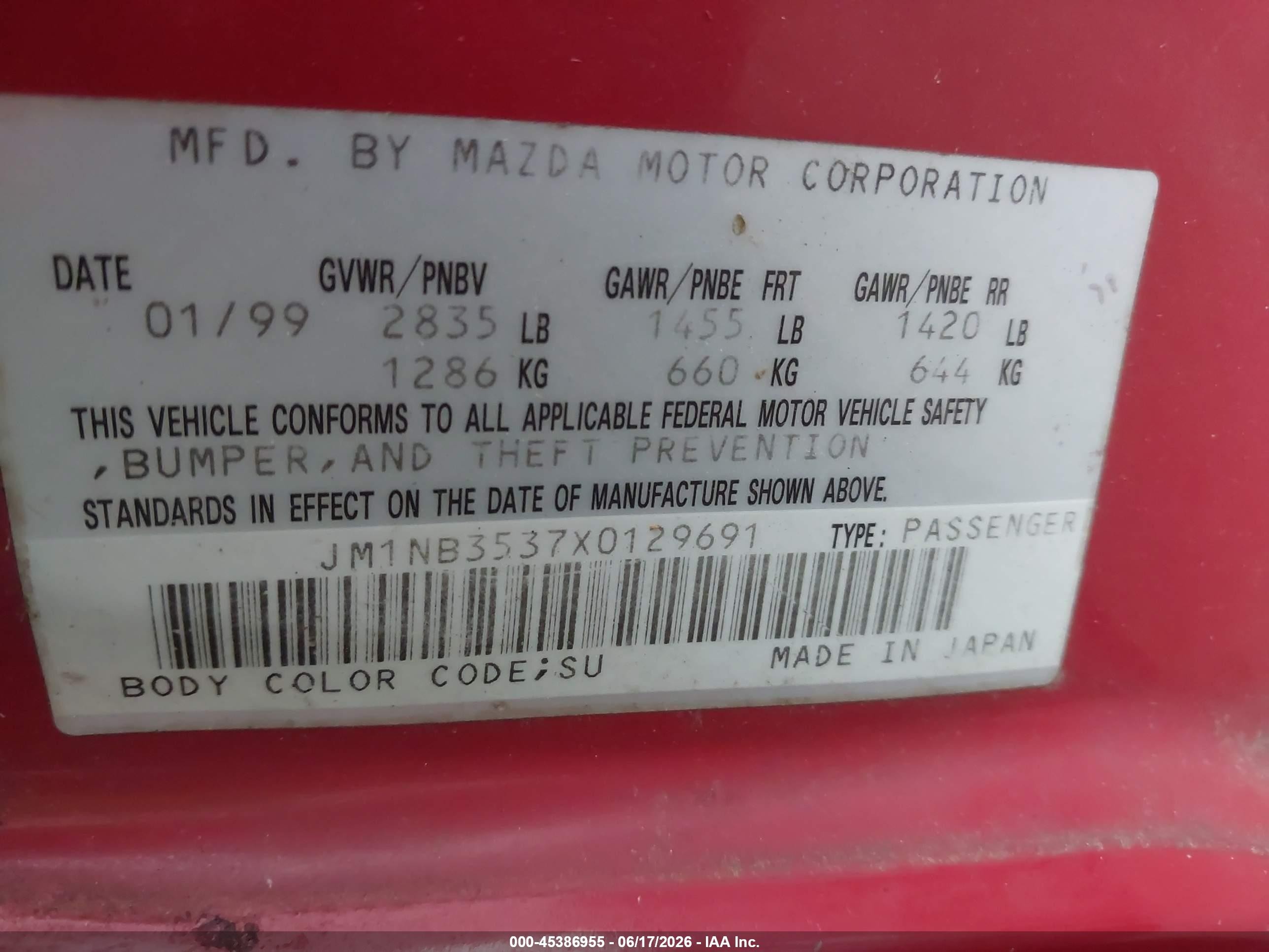 1999 Mazda Mx-5 Miata Leather/leather Pkg/popular Equip/sports Pkg/touring Pkg Red vin: JM1NB3537X0129691