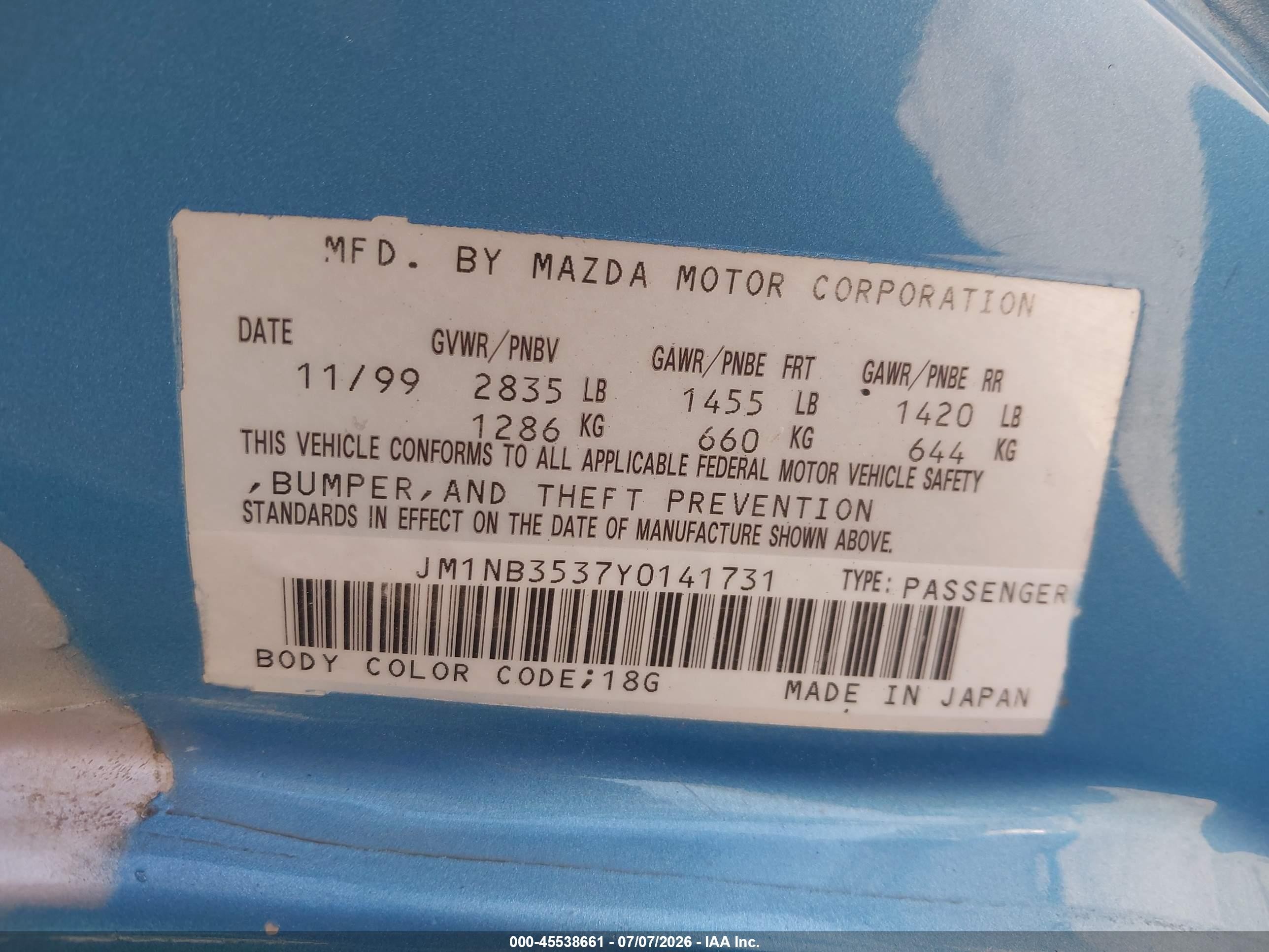 2000 Mazda Mx-5 Miata Ls/special Edition Blue vin: JM1NB3537Y0141731