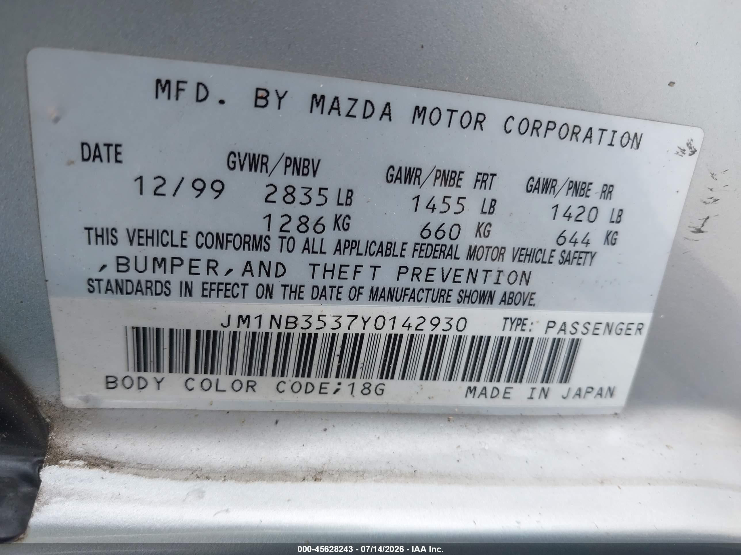 2000 Mazda Mx-5 Miata Ls/special Edition Silver vin: JM1NB3537Y0142930