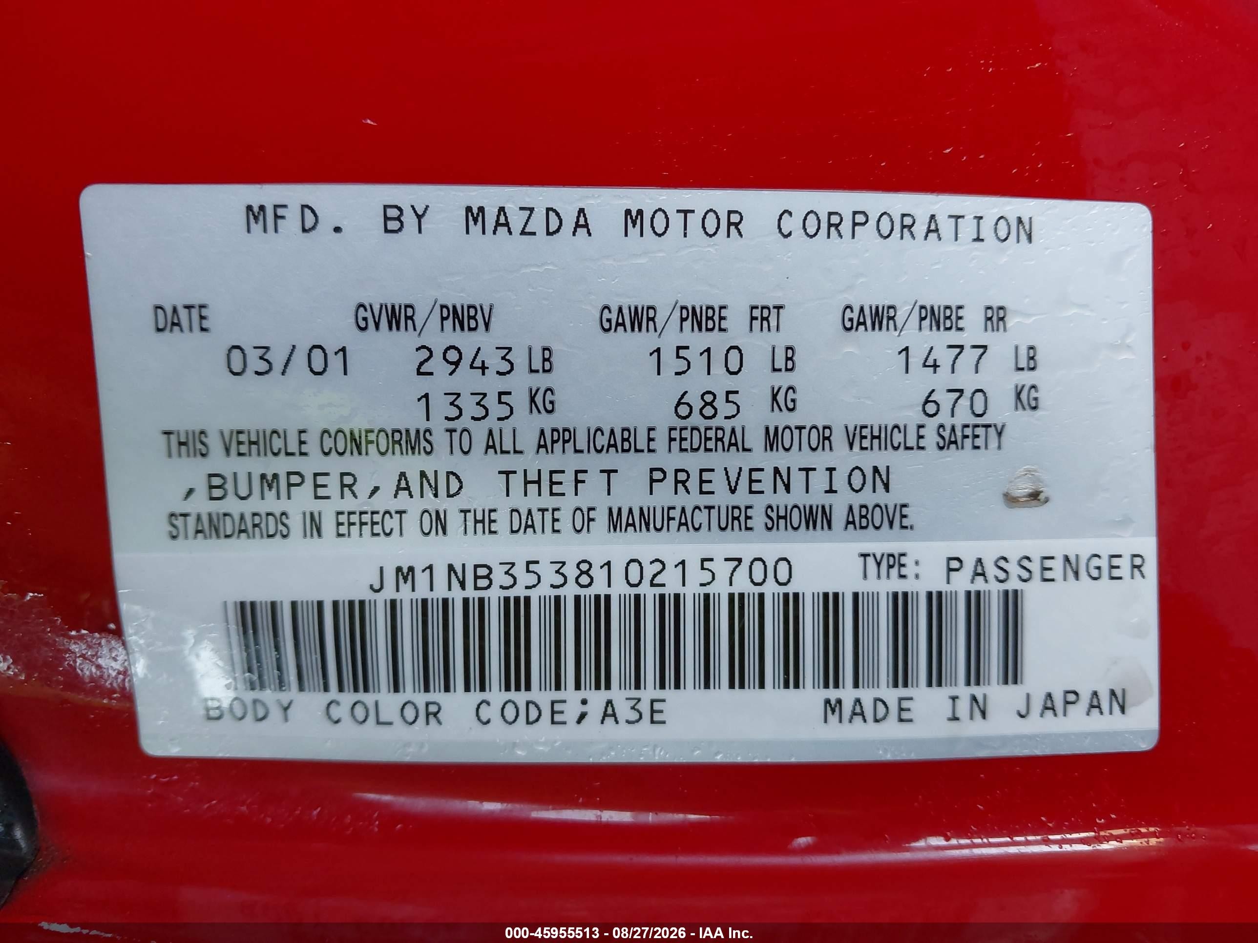 2001 Mazda Mx-5 Miata Ls/special Edition Red vin: JM1NB353810215700