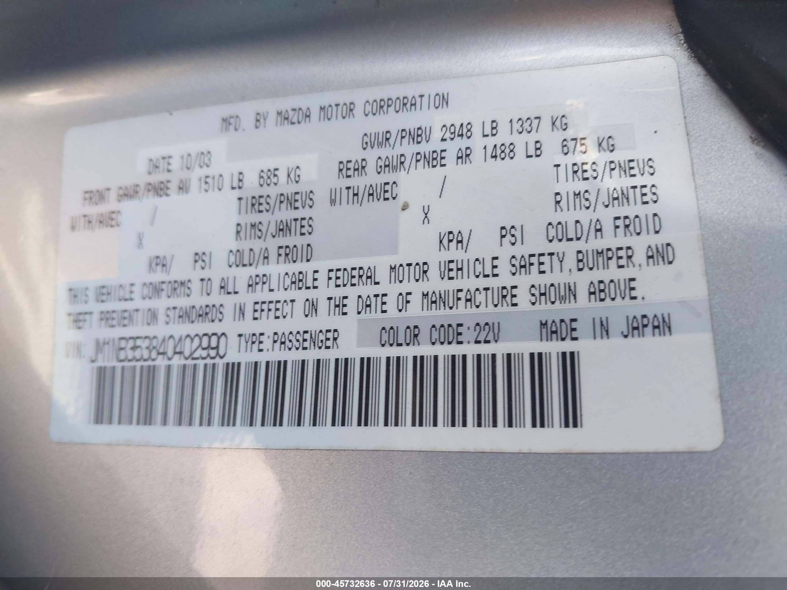 2004 Mazda Mx-5 Miata Cloth Silver vin: JM1NB353840402990
