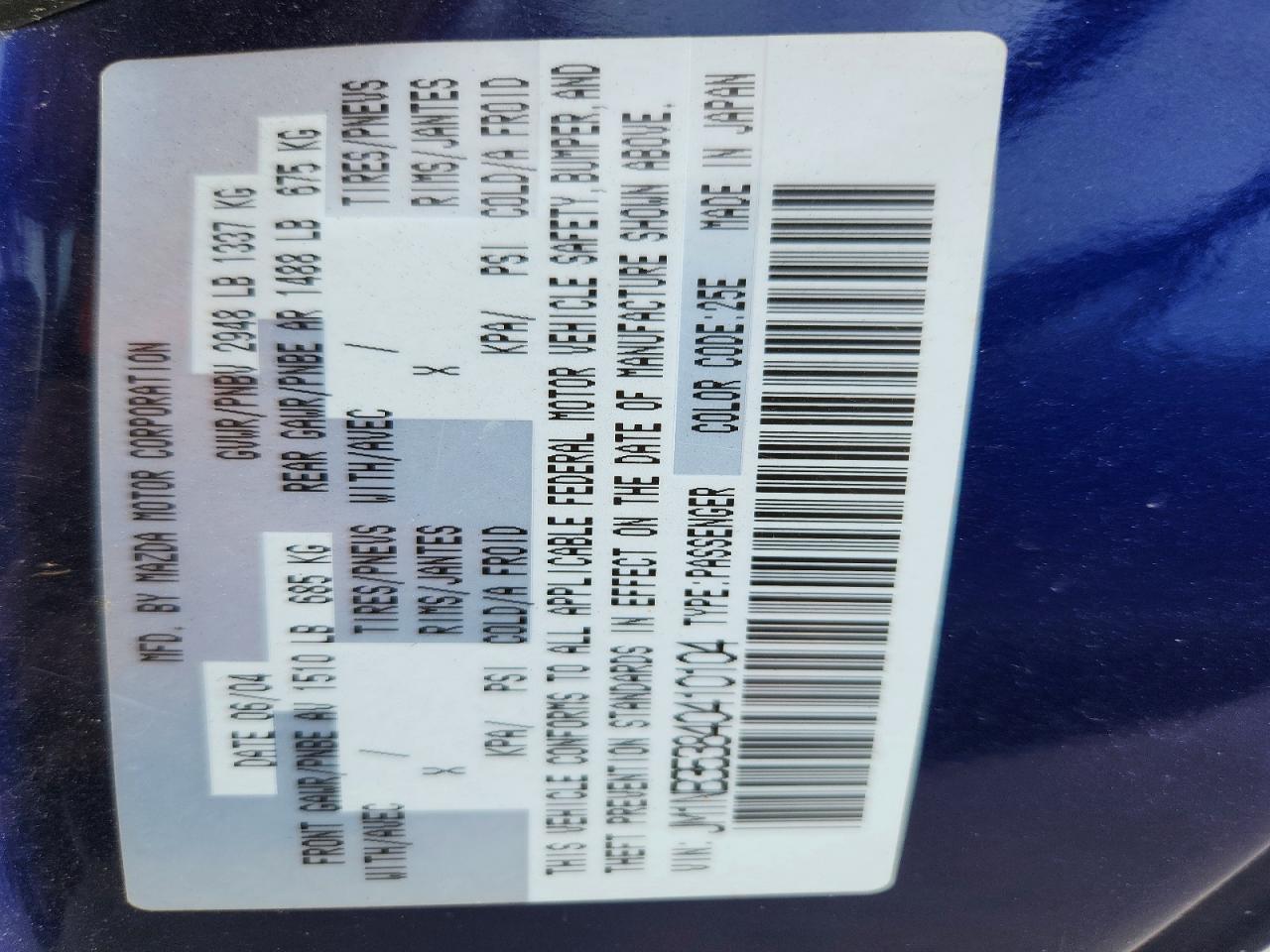 2004 Mazda Mx-5 Miata Base Blue vin: JM1NB353840410104